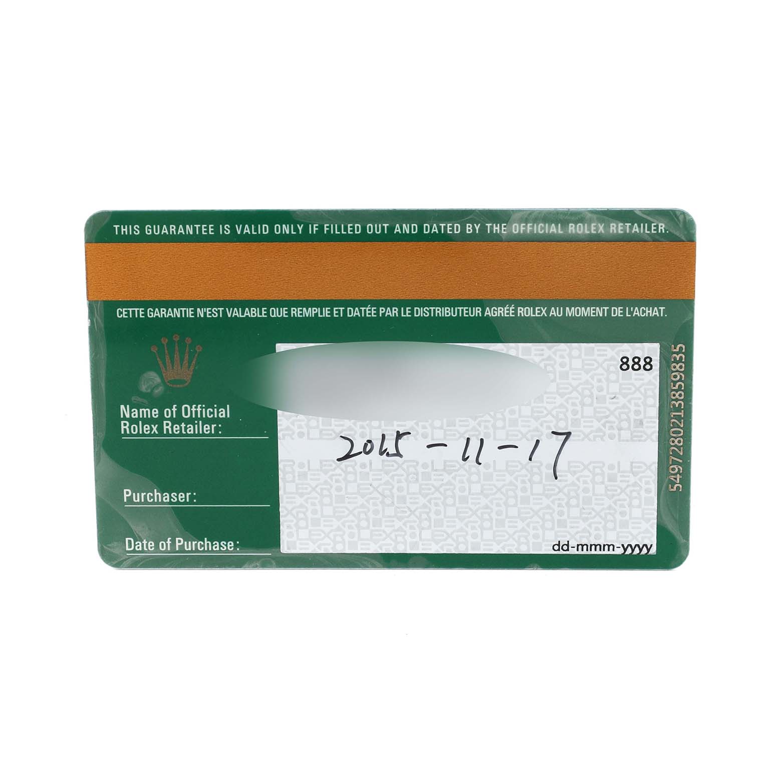The image shows a warranty card for a Rolex Submariner 116610LV Men's Stainless Steel Green Dial, including fields for retailer, purchaser, and purchase date.