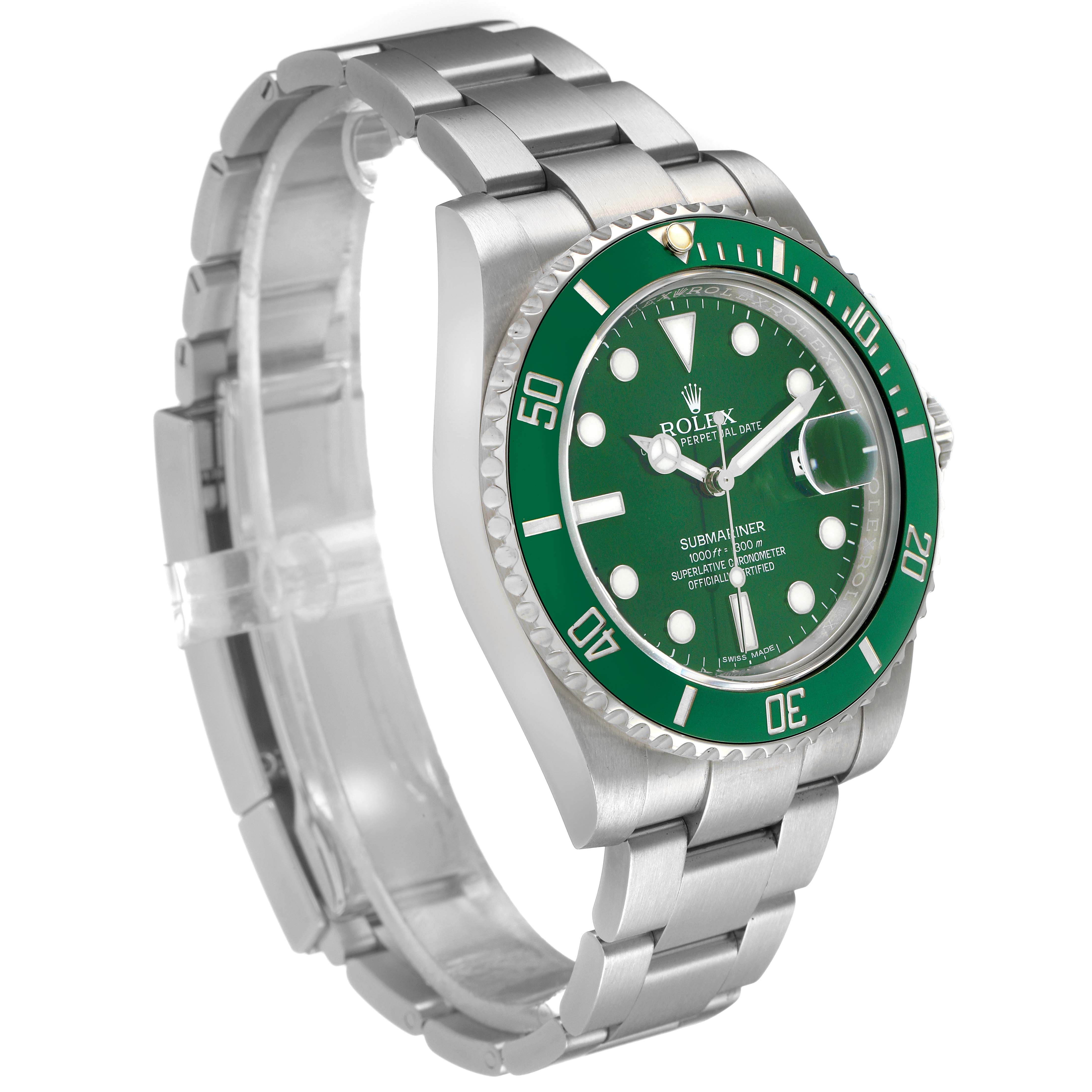 The Rolex Submariner 116610LV Men's Stainless Steel Green Dial watch is shown at a three-quarter angle, highlighting the green dial, bezel, and metal bracelet.
