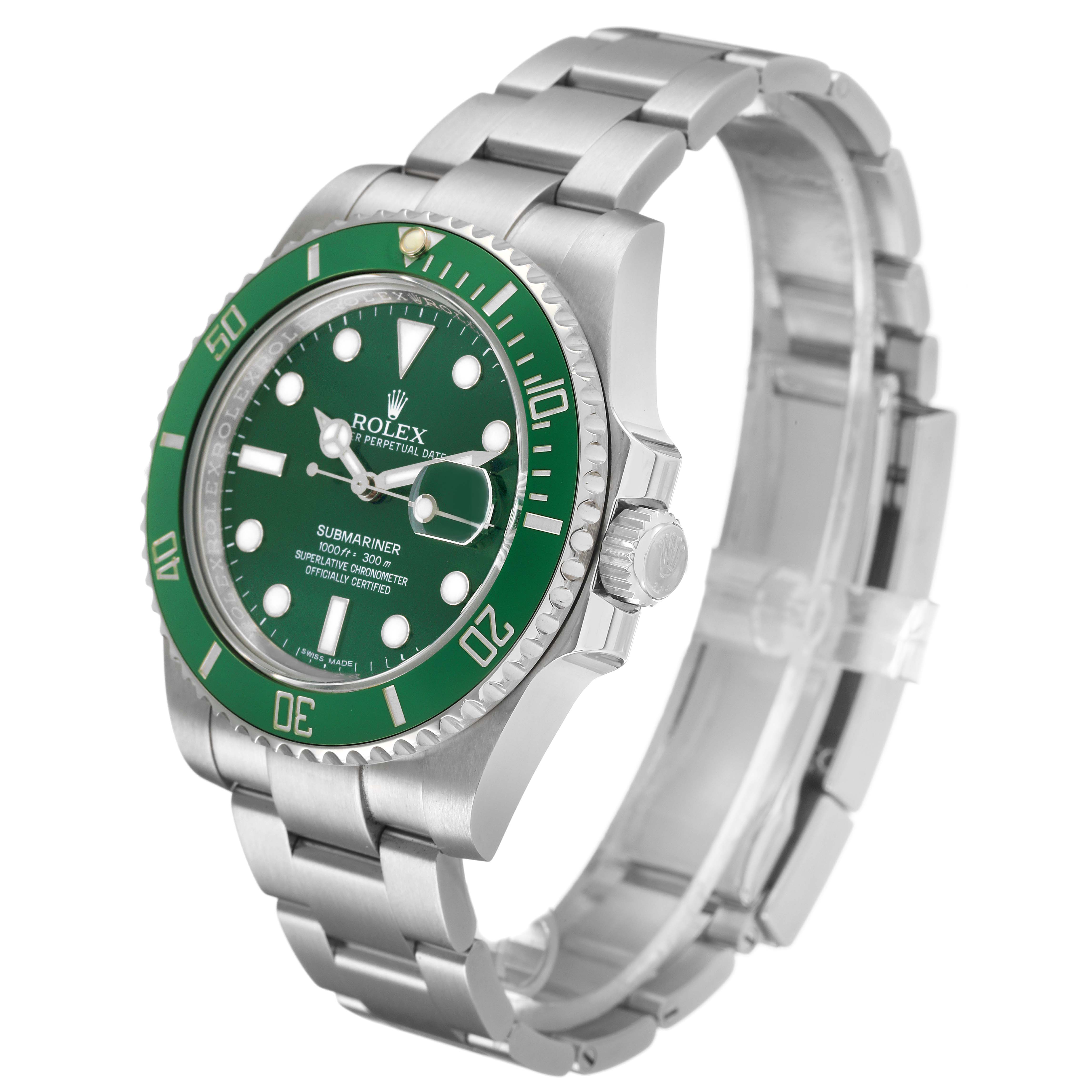 The Rolex Submariner 116610LV Men's Stainless Steel Green Dial watch is shown at a three-quarter angle, highlighting the green bezel, dial, and stainless steel bracelet.