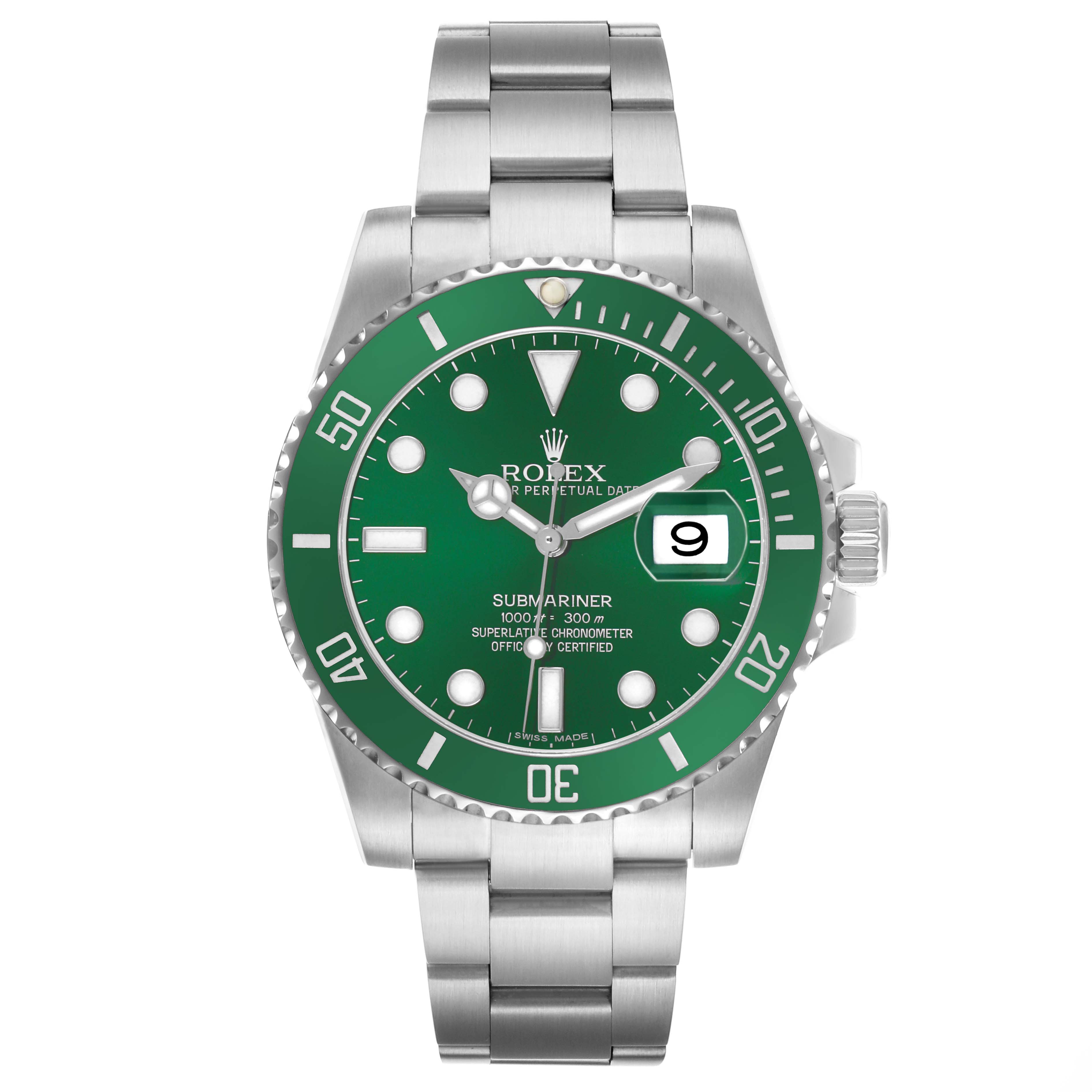 The Rolex Submariner 116610LV Men's Stainless Steel Green Dial is shown from a front view, displaying the face, bezel, and bracelet.