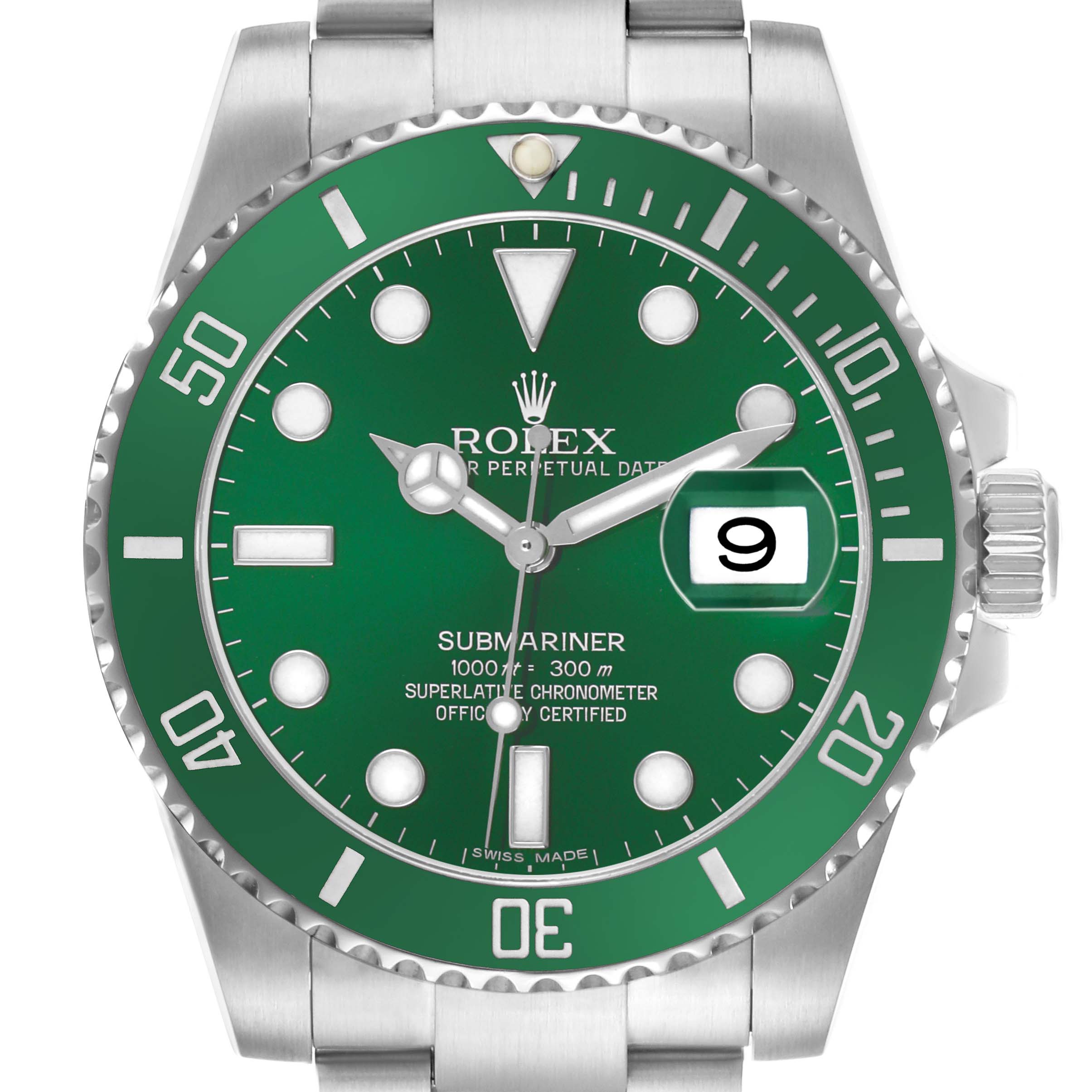 The Rolex Submariner 116610LV Men's Stainless Steel Green Dial watch is shown from the front, displaying its green bezel, dial, hands, and date window.