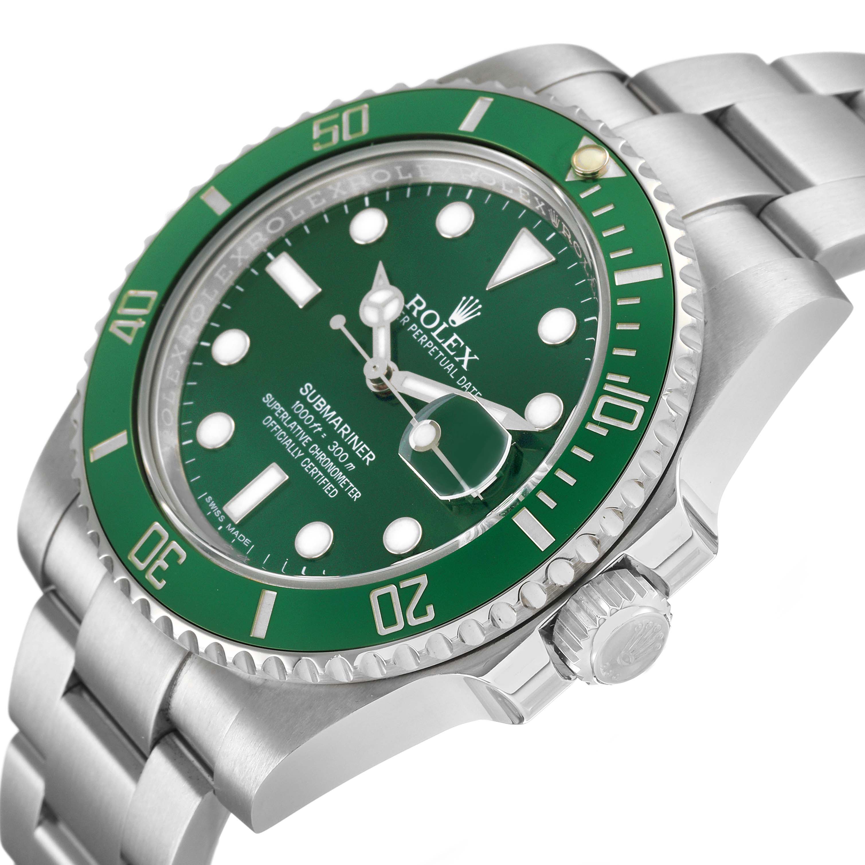 The Rolex Submariner 116610LV Men's Stainless Steel Green Dial is shown at a slight angle, highlighting the green bezel, dial, and stainless steel bracelet.