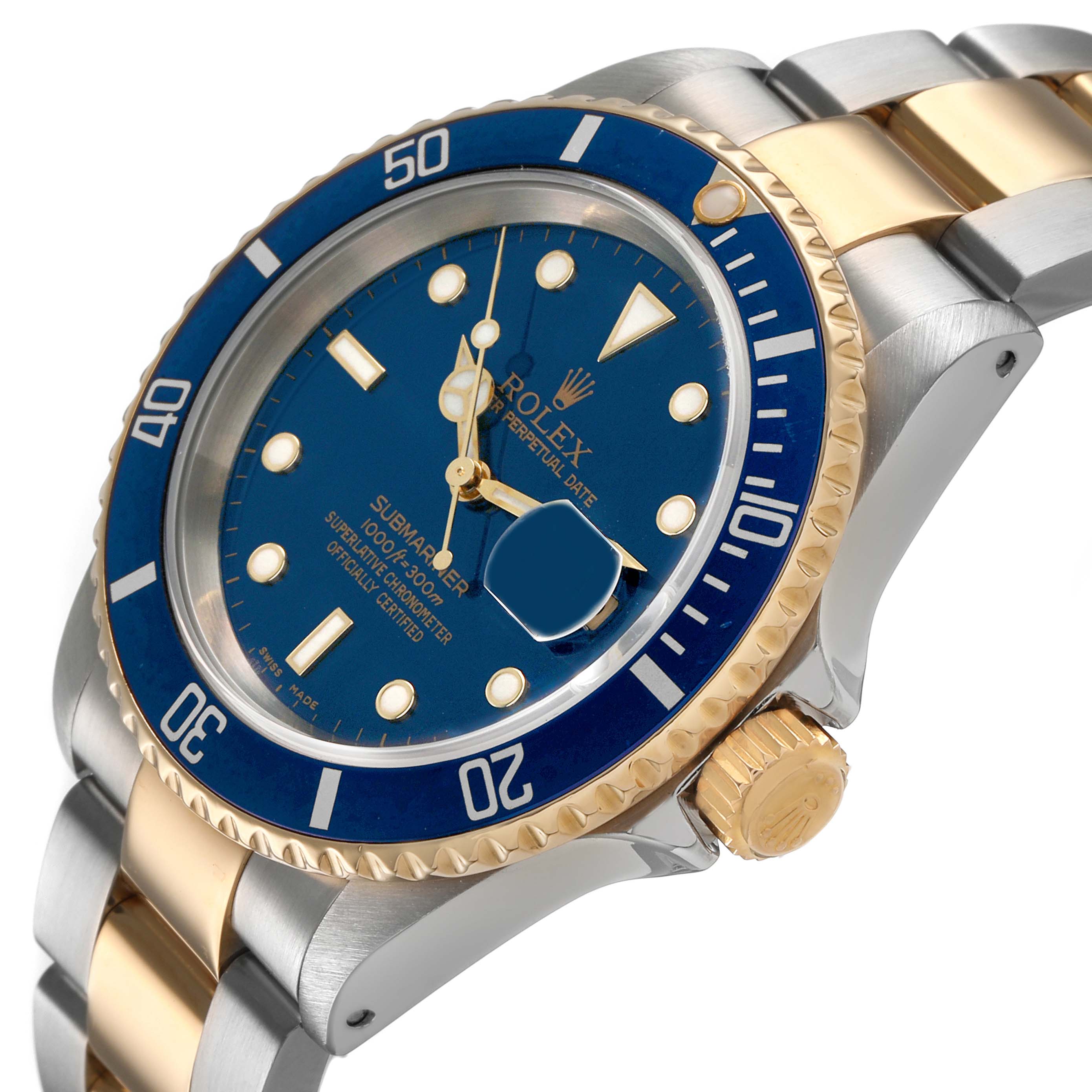 The Rolex Submariner 16613 Men's Steel and Gold (two tone) Blue Dial watch is shown from a three-quarter angle, highlighting its blue dial, bezel, and two-tone bracelet.