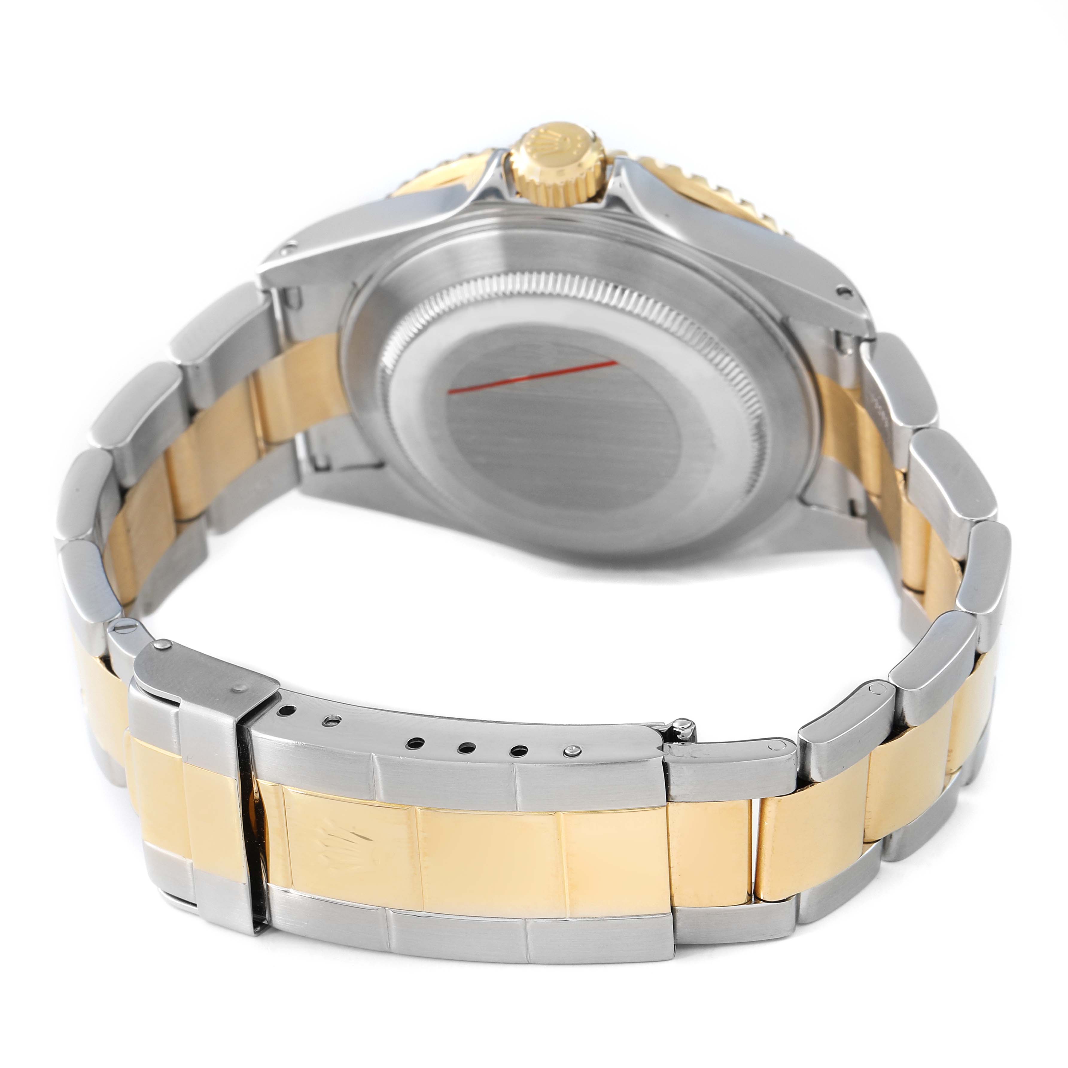 The image shows the back and bracelet of a Rolex Submariner 16613 Men's Steel and Gold (two tone) Blue Dial, highlighting the case and clasp.