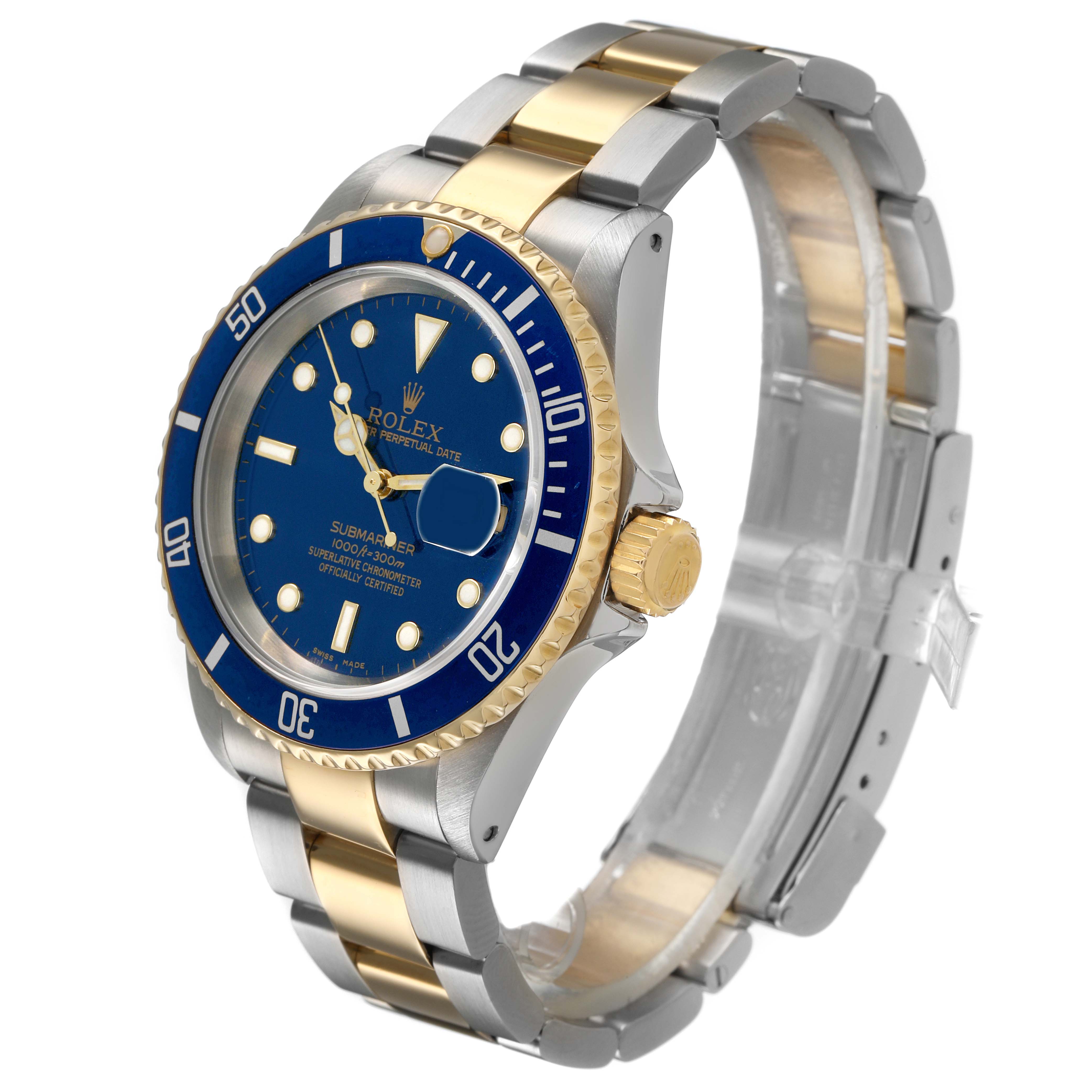 The Rolex Submariner 16613 Men's Steel and Gold (two tone) Blue Dial watch is shown at a slight angle, highlighting the blue bezel, dial, crown, and two-tone bracelet.