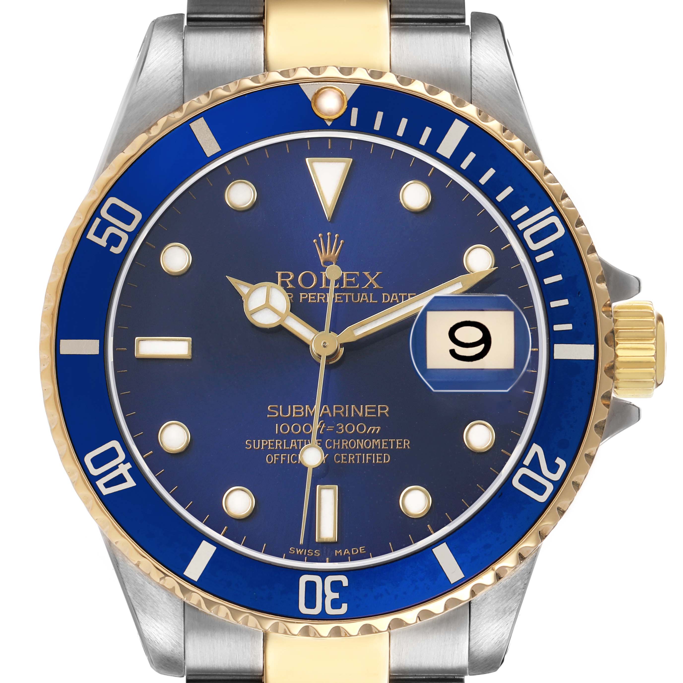 The Rolex Submariner 16613 Men's Steel and Gold (two tone) Blue Dial watch is shown from the front, highlighting its blue dial, golden bezel, and date magnifier.