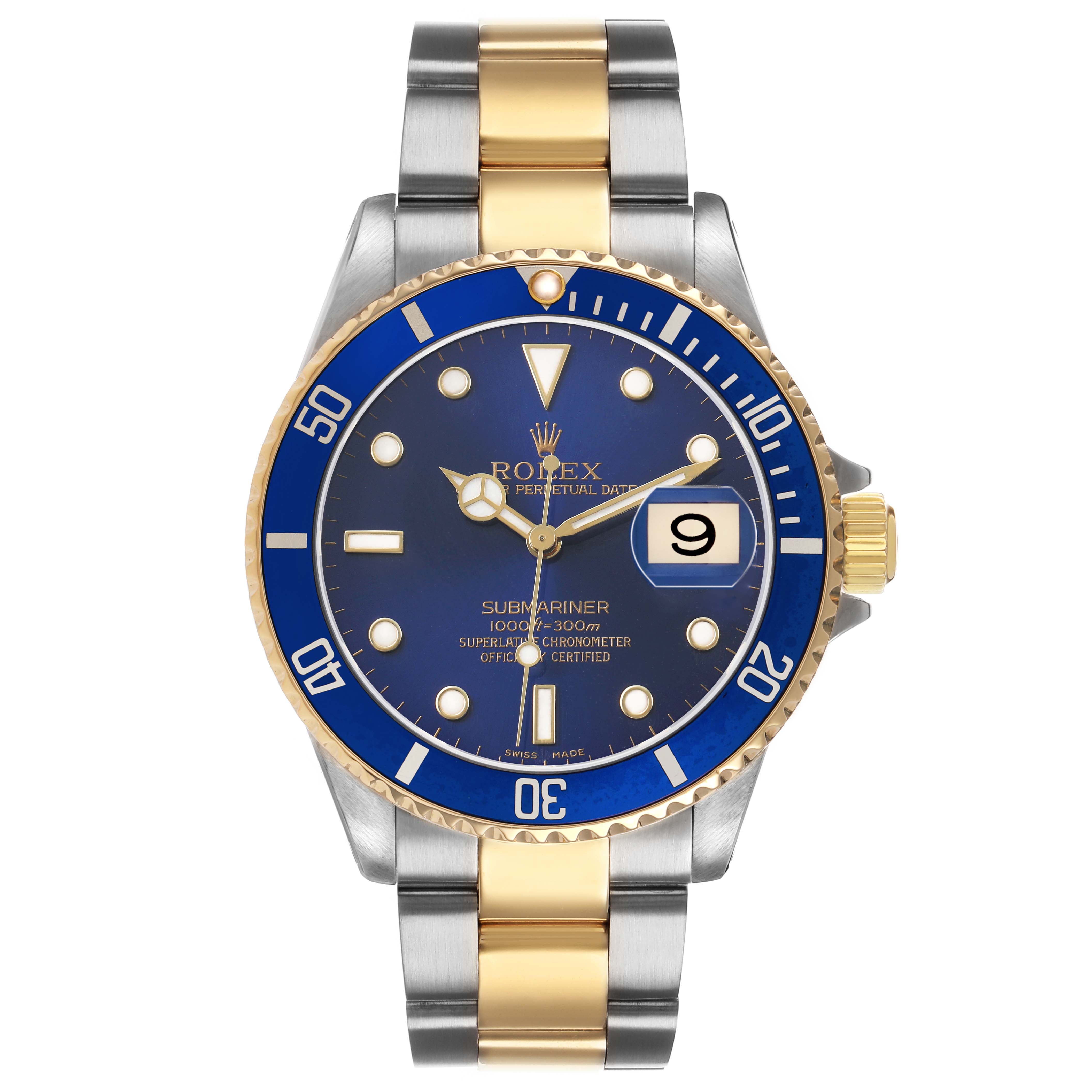 The Rolex Submariner 16613 Men's Steel and Gold (two tone) Blue Dial is shown from the front, displaying the dial, bezel, case, bracelet, and crown.