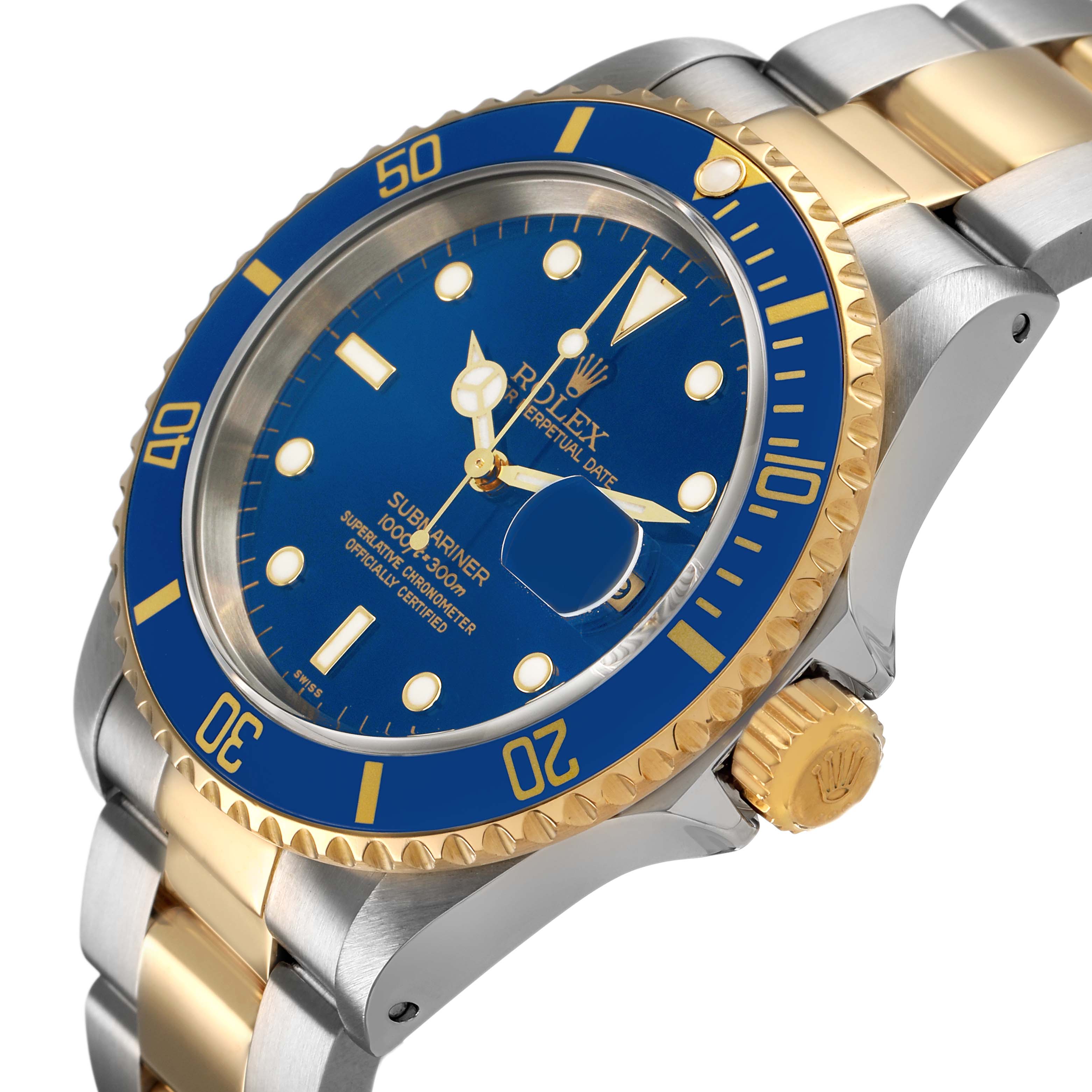The image shows a Rolex Submariner 16613 Men's Steel and Gold (two tone) Blue Dial from a side angle, displaying the blue dial, gold bezel, and mixed metal bracelet.