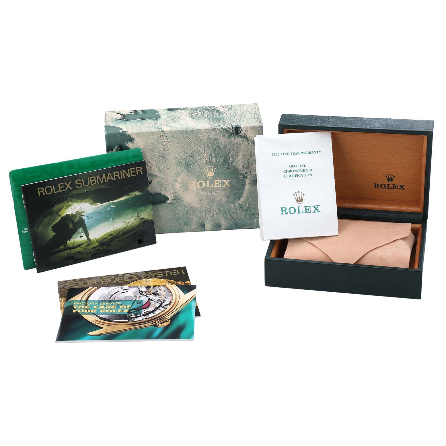 The image shows the packaging and accessories for a Rolex Submariner 16613 Men's Steel and Gold (two tone) Blue Dial, including a box, booklets, and warranty card.