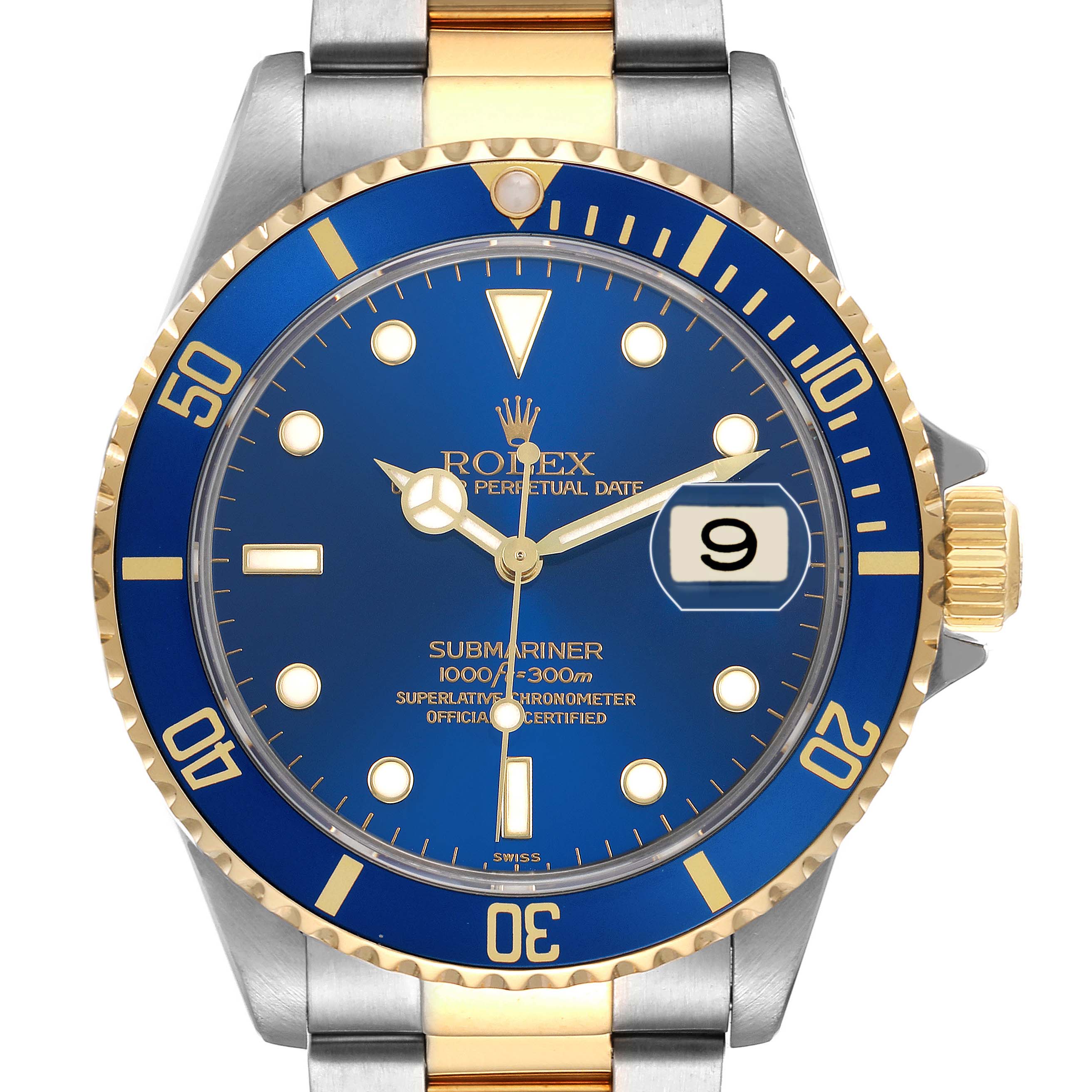 The Rolex Submariner 16613 Men's Steel and Gold (two tone) Blue Dial watch is shown from a front angle, highlighting its blue dial, gold bezel, and two-tone bracelet.