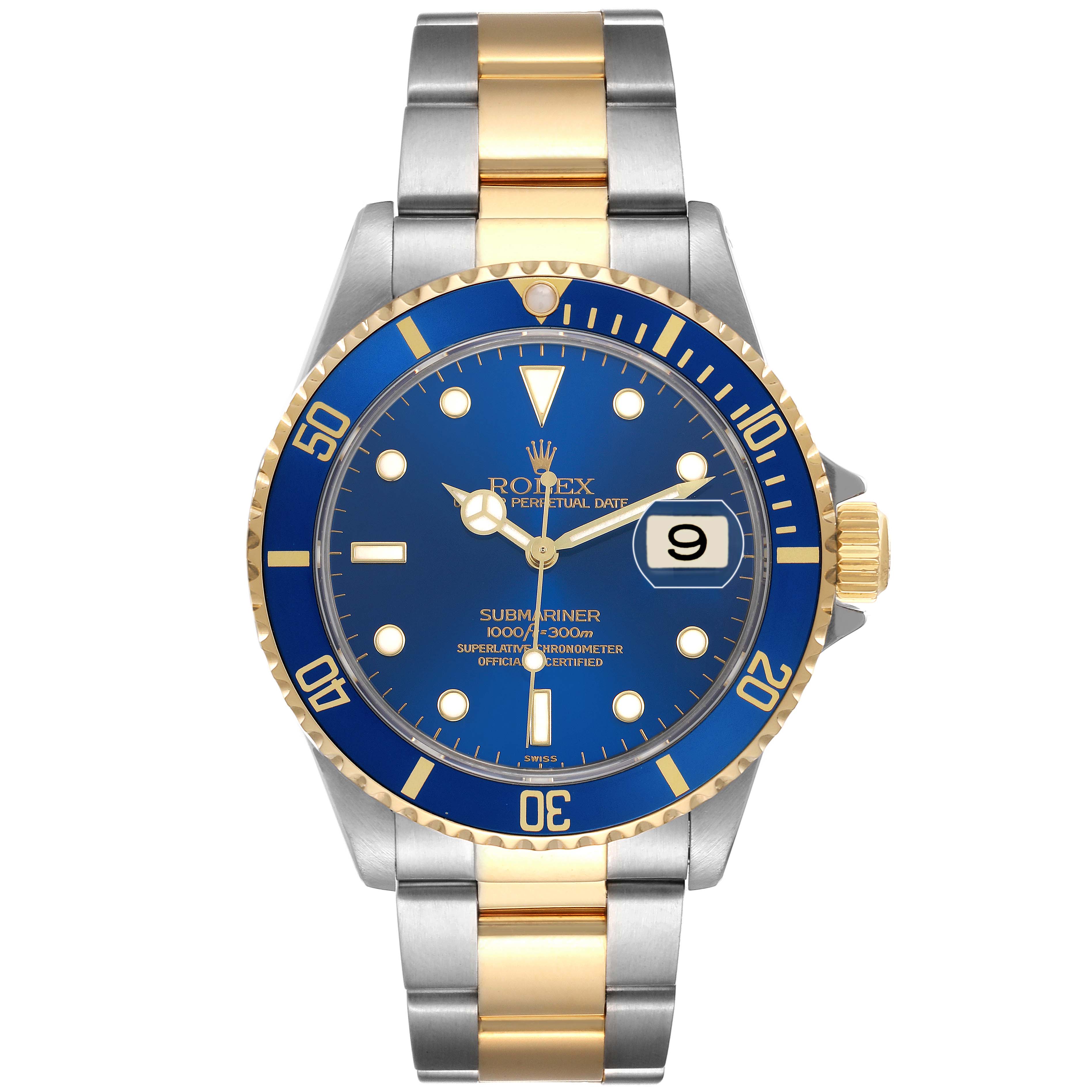 The Rolex Submariner 16613 Men's Steel and Gold (two tone) Blue Dial watch is shown from the front, highlighting the blue dial, gold and silver bracelet, and bezel.