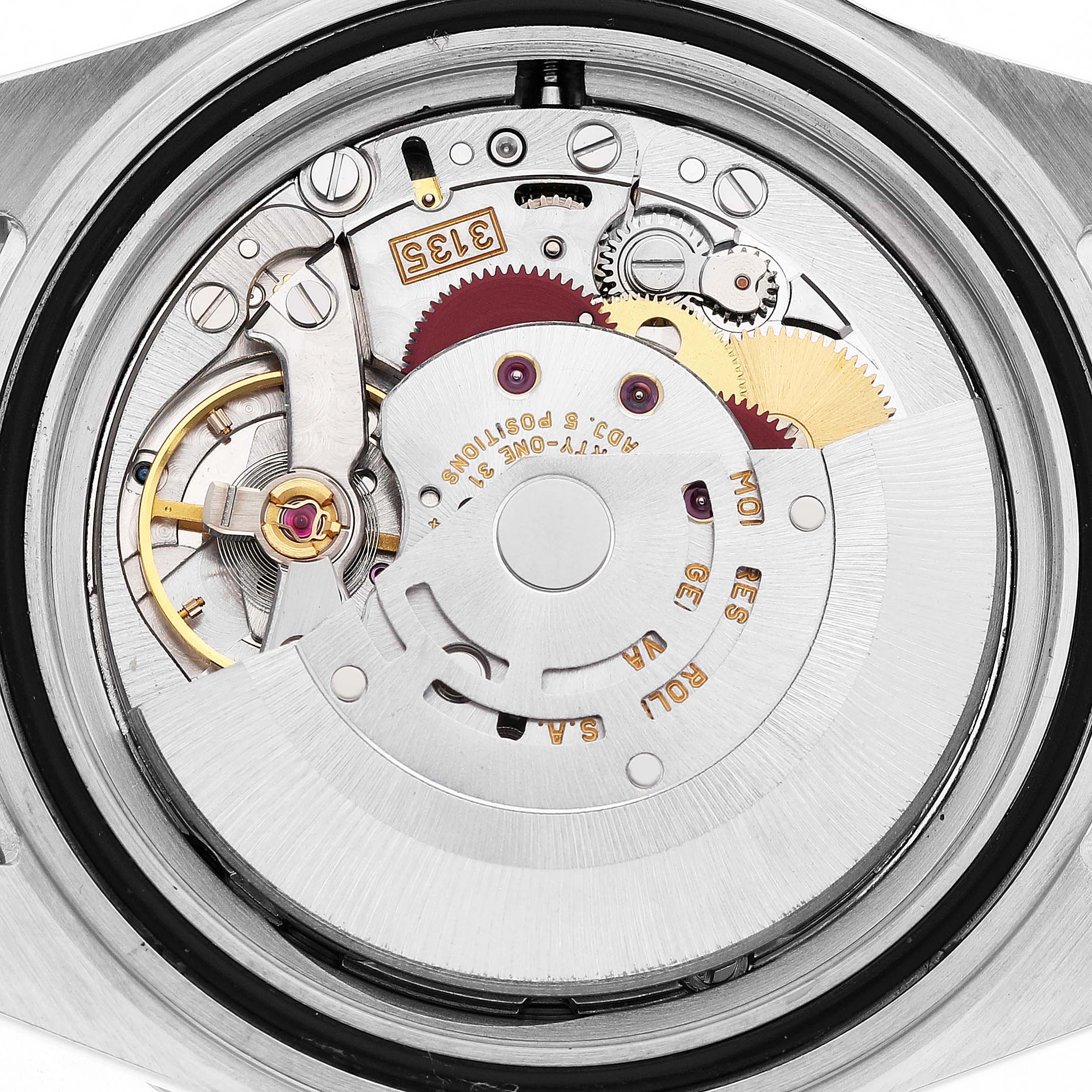 This image shows a close-up view of the Rolex Submariner 16613 Men's Steel and Gold (two tone) Blue Dial's case back removed, revealing the intricate movement components.