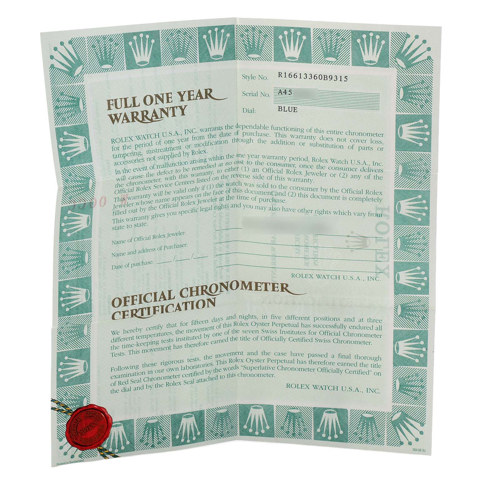 The image shows a warranty and certification document for a Rolex Submariner 16613 Men's Steel and Gold (two tone) Blue Dial watch.