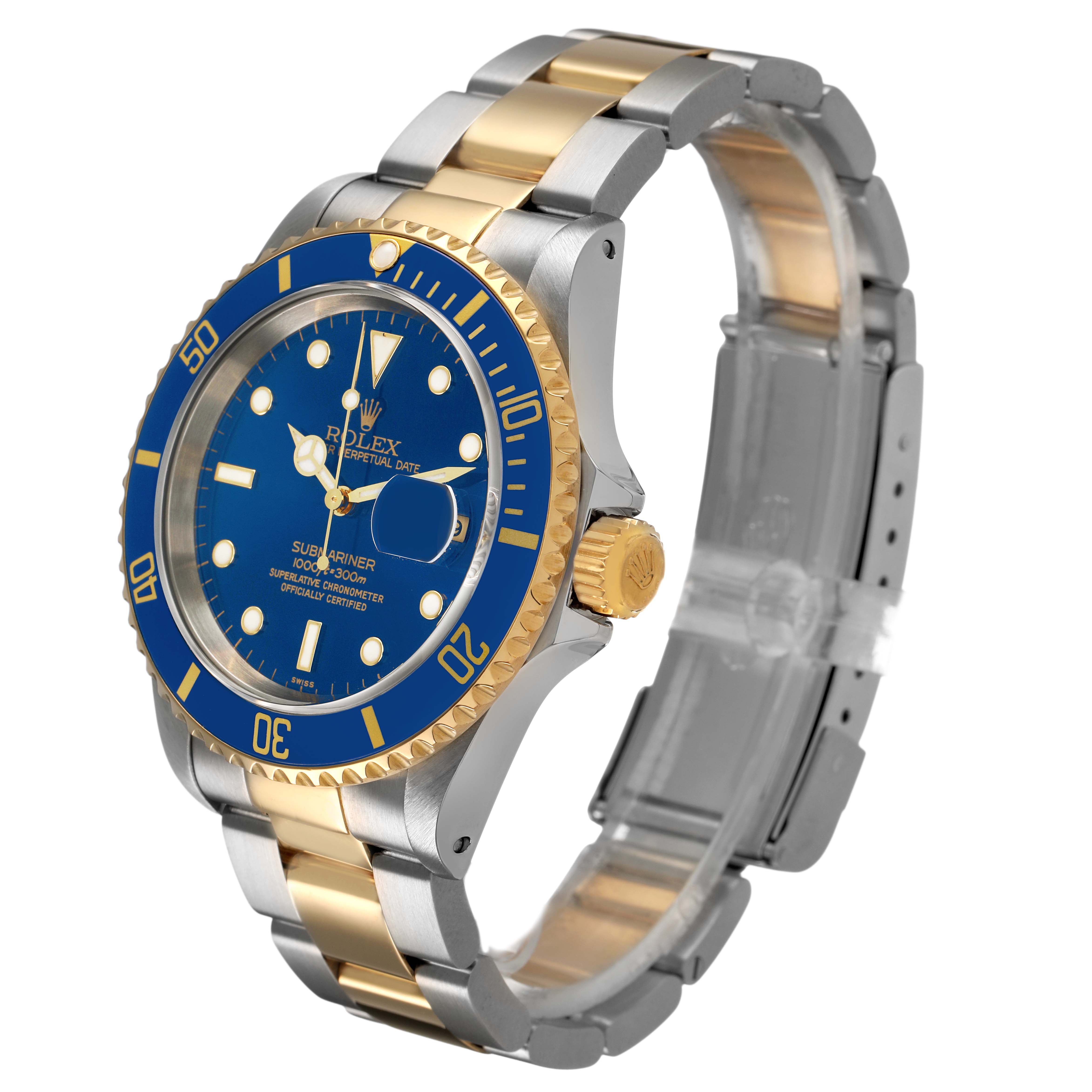 The Rolex Submariner 16613 Men's Steel and Gold (two tone) Blue Dial is shown at a slight angle, highlighting the blue dial, bezel, and two-tone bracelet.