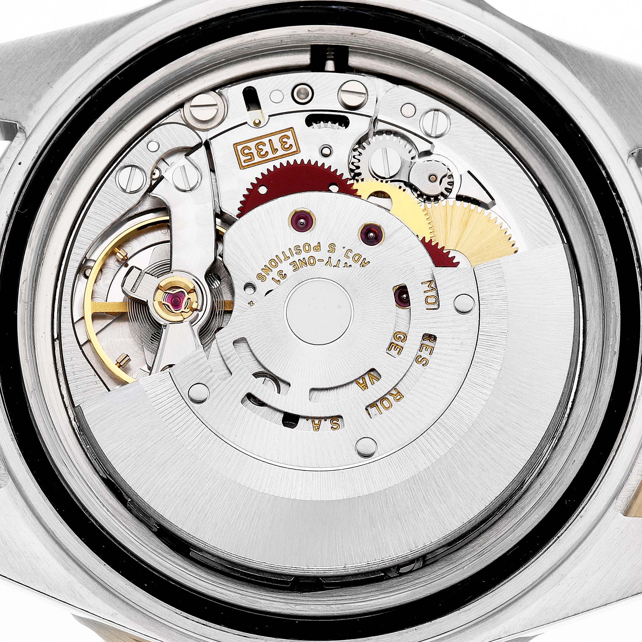 The image shows the movement of a Rolex Submariner 16613 Men's Steel and Gold (two tone) Silver Dial watch, highlighting the rotor and intricate gears from the back.