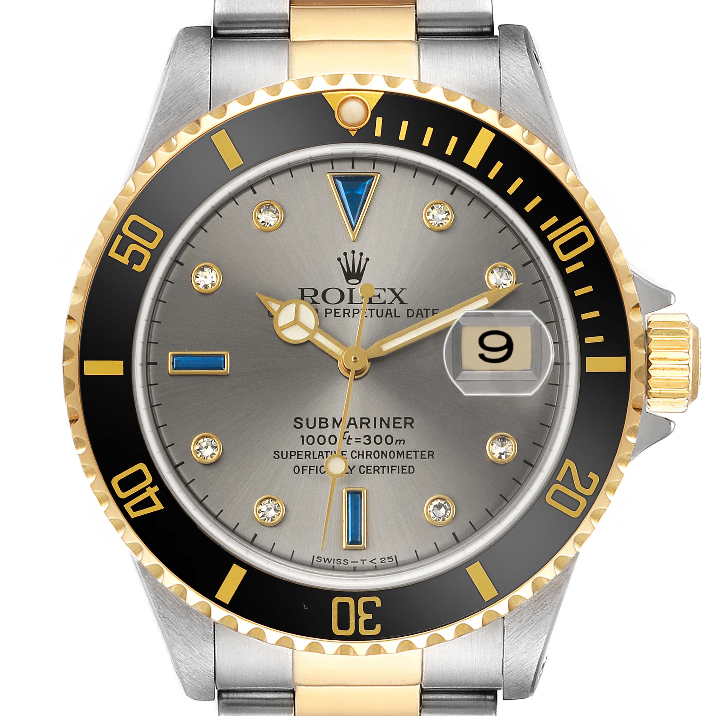 The Rolex Submariner 16613 Men's Steel and Gold (two tone) Silver Dial watch is shown from the front, highlighting the bezel, dial, and bracelet.