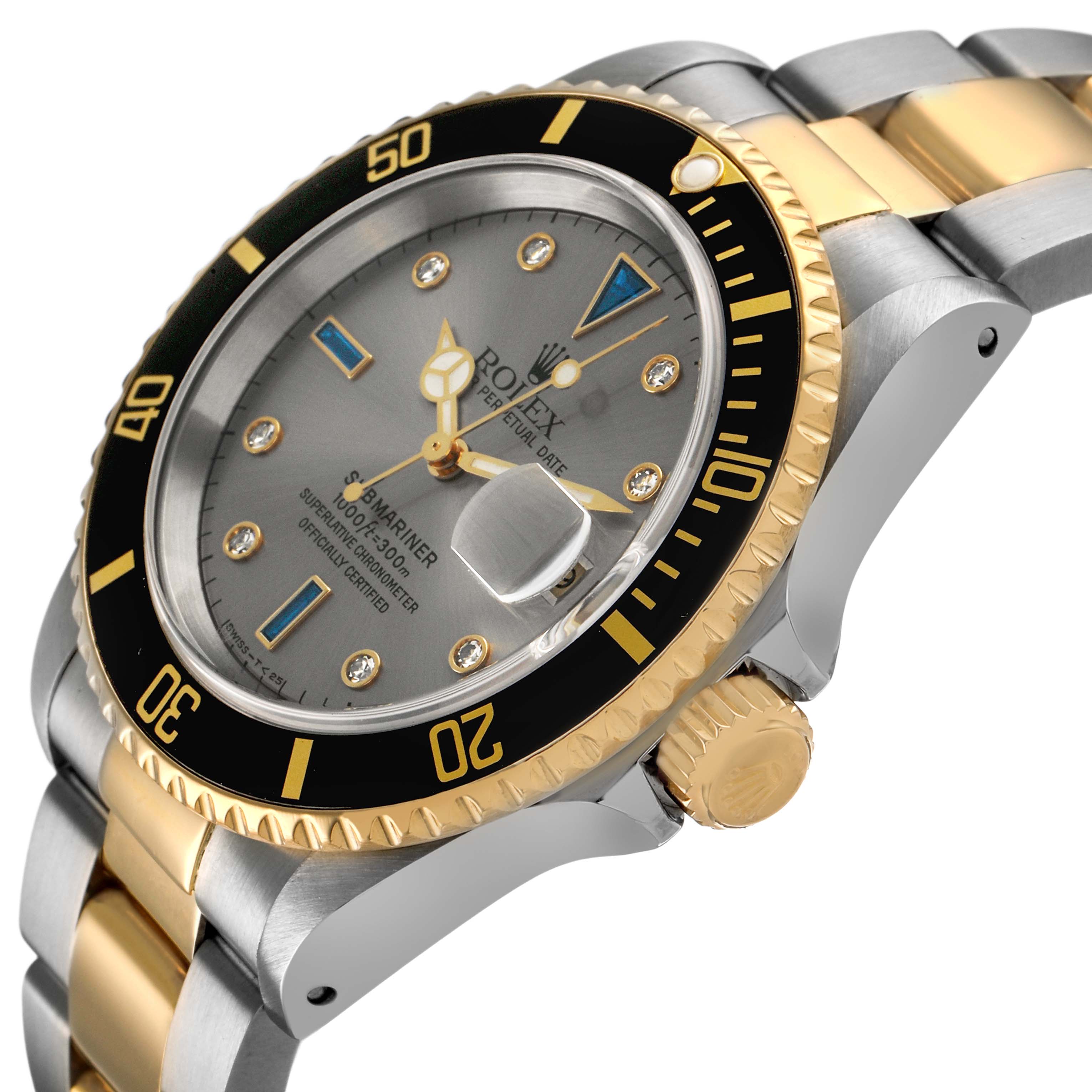 The Rolex Submariner 16613 Men's Steel and Gold (two tone) Silver Dial watch is shown at an angle displaying the face, bezel, crown, and part of the bracelet.