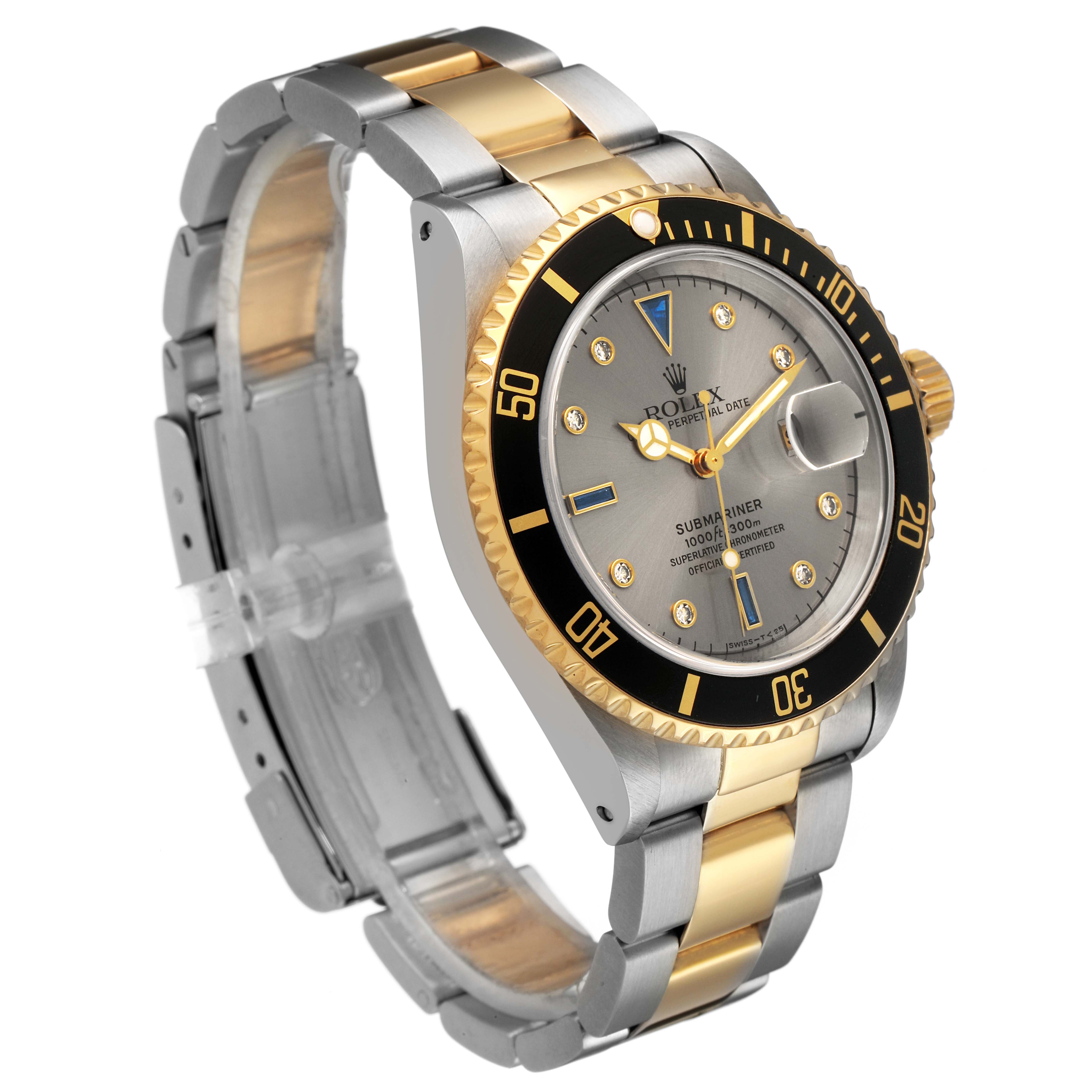 The Rolex Submariner 16613 Men's Steel and Gold (two tone) Silver Dial is shown at a three-quarter angle, highlighting the bezel, dial, and two-tone bracelet.