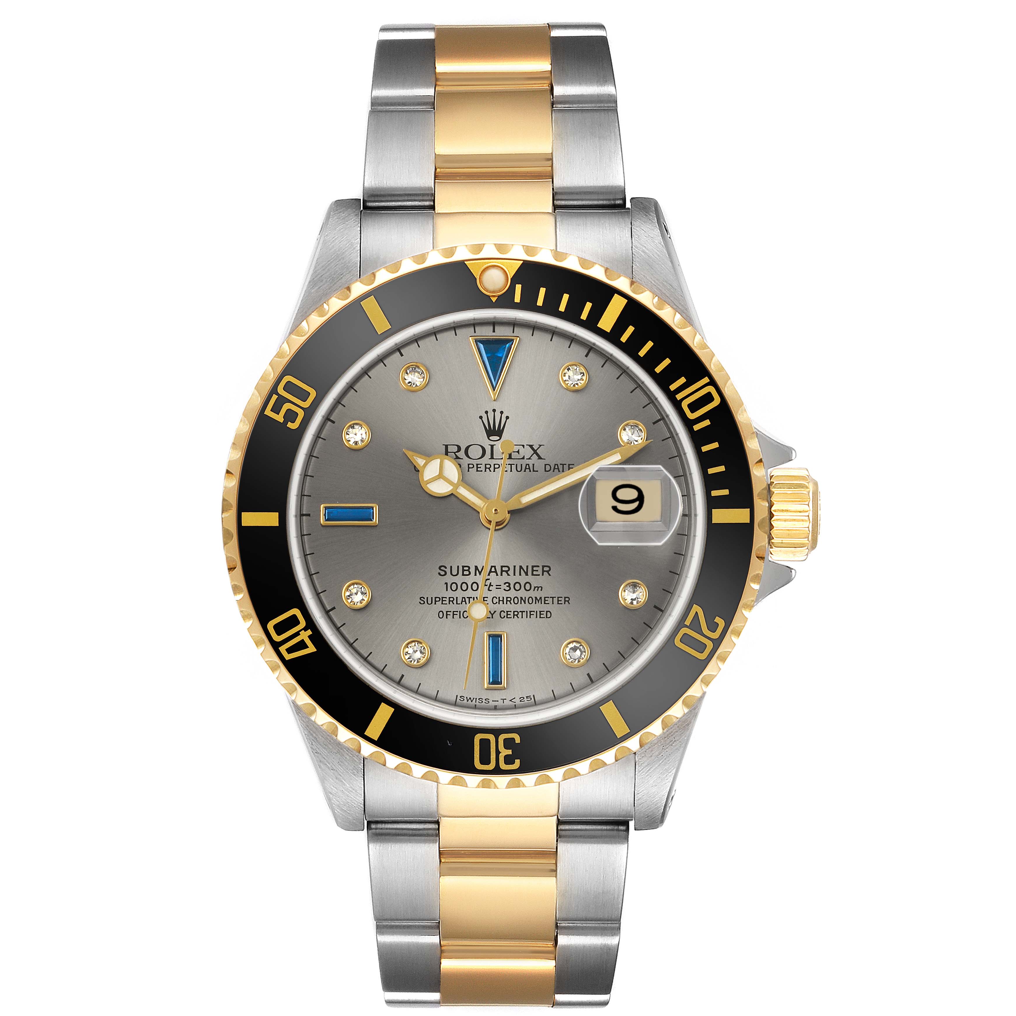 The Rolex Submariner 16613 Men's Steel and Gold (two tone) Silver Dial watch is shown from the front, displaying the dial, bezel, and two-tone bracelet.