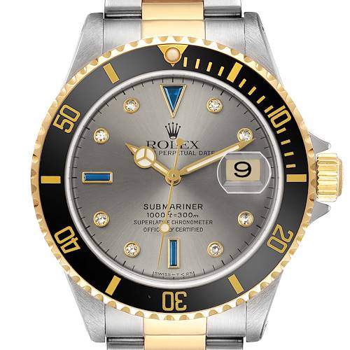 Photo of Rolex Submariner Steel Yellow Gold Sapphire Diamond Serti Dial 16613 Box Papers