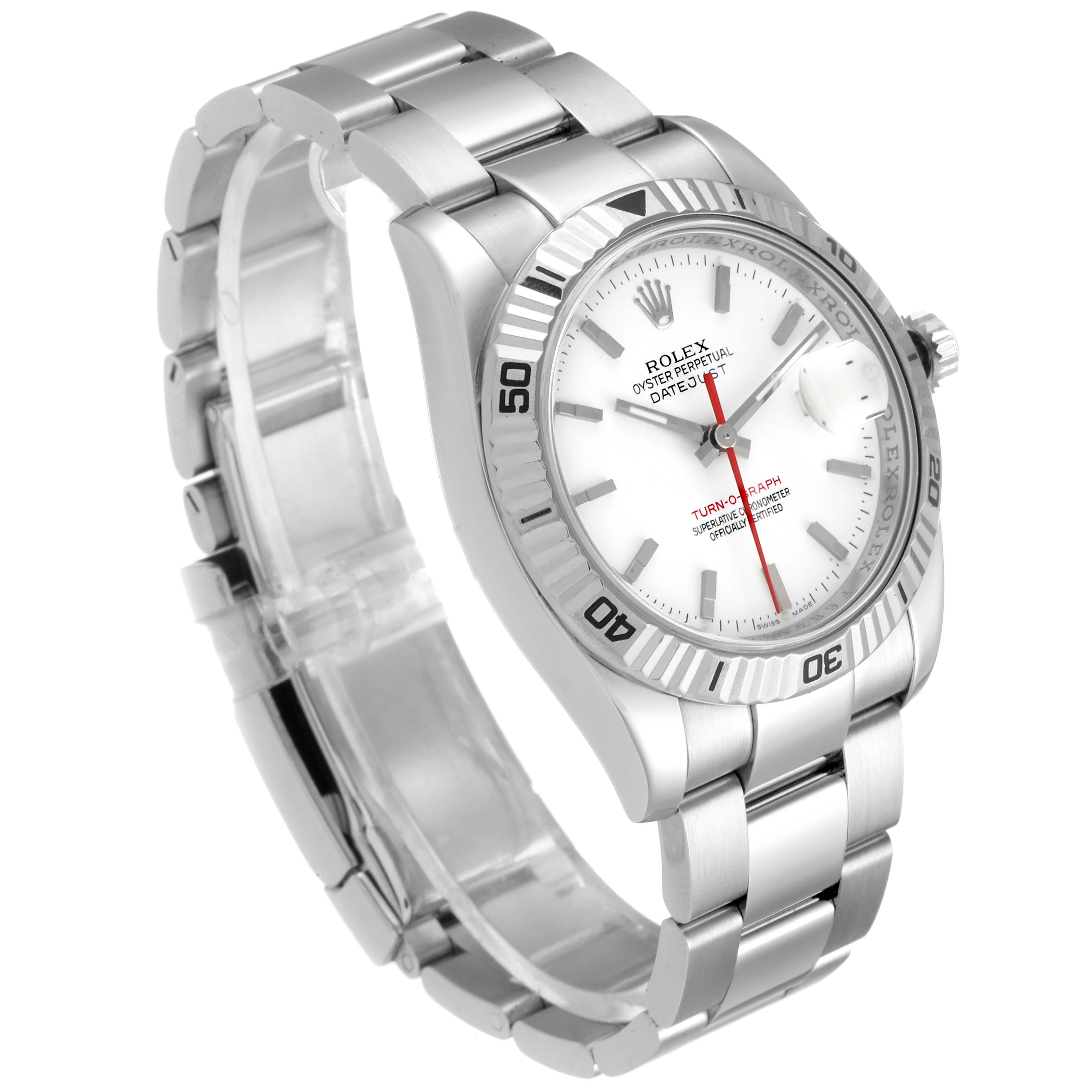 This Rolex Turn-o-Graph 116264 Men
s Stainless Steel White Dial 116264 Men
s Stainless Steel White Dial watch is shown at a three-quarter angle, highlighting its silver bracelet, bezel, dial, and hands.