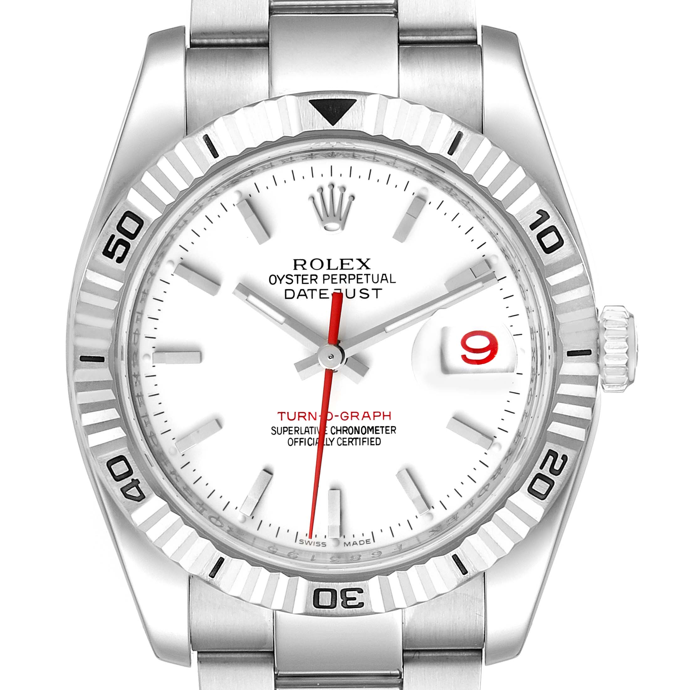 This image displays a front view of a Rolex Turn-o-Graph 116264 Men
s Stainless Steel White Dial 116264 Men
s Stainless Steel White Dial watch, highlighting its dial, bezel, and part of the bracelet.
