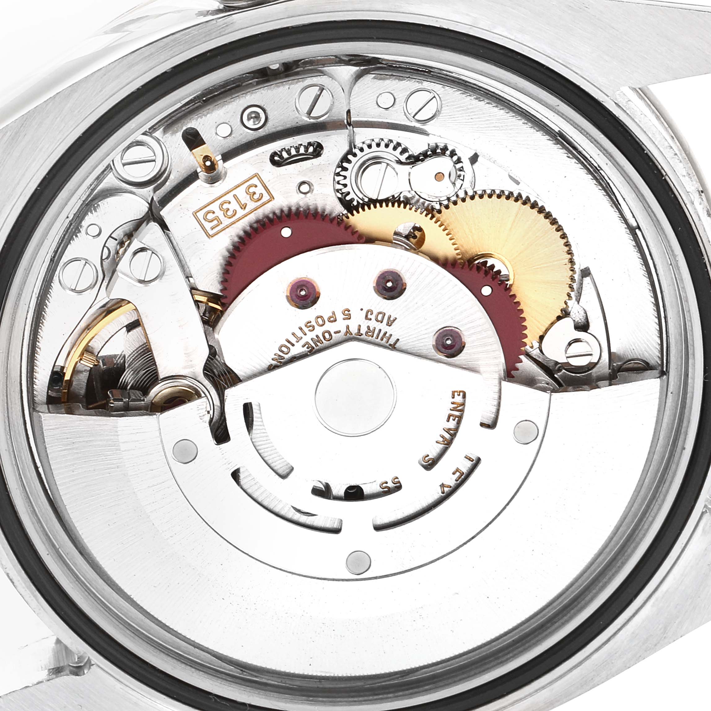 This image shows the intricate internal mechanism of the Rolex Turn-o-Graph 116264 Men
s Stainless Steel White Dial 116264 Men
s Stainless Steel White Dial watch from a back angle.