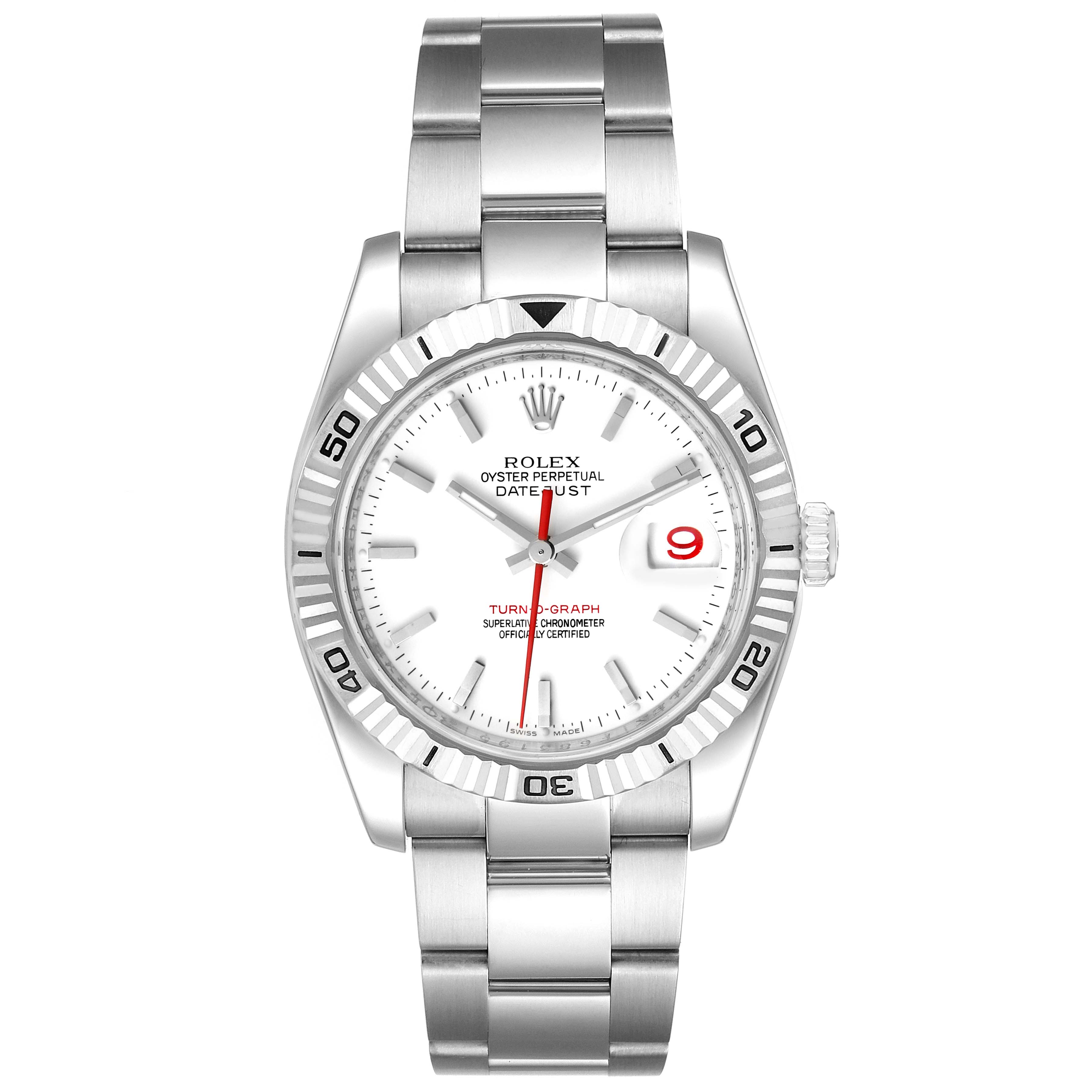 This image shows a Rolex Turn-o-Graph 116264 Men
s Stainless Steel White Dial 116264 Men
s Stainless Steel White Dial watch from a front angle, displaying its face, bezel, hands, and bracelet.