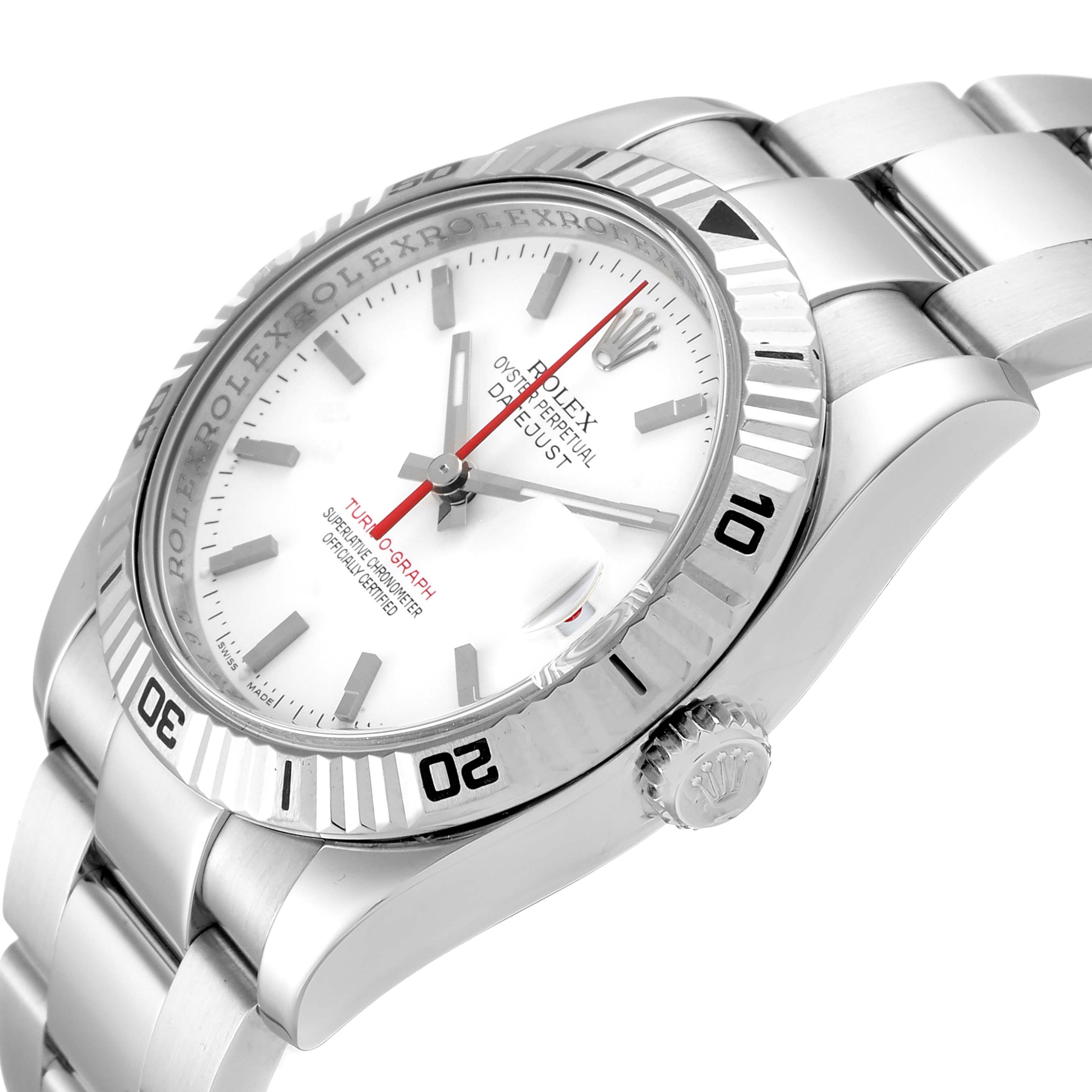 This image shows a close-up, angled view of the Rolex Turn-o-Graph 116264 Men
s Stainless Steel White Dial 116264 Men
s Stainless Steel White Dial watch, highlighting its face, bezel, and bracelet.