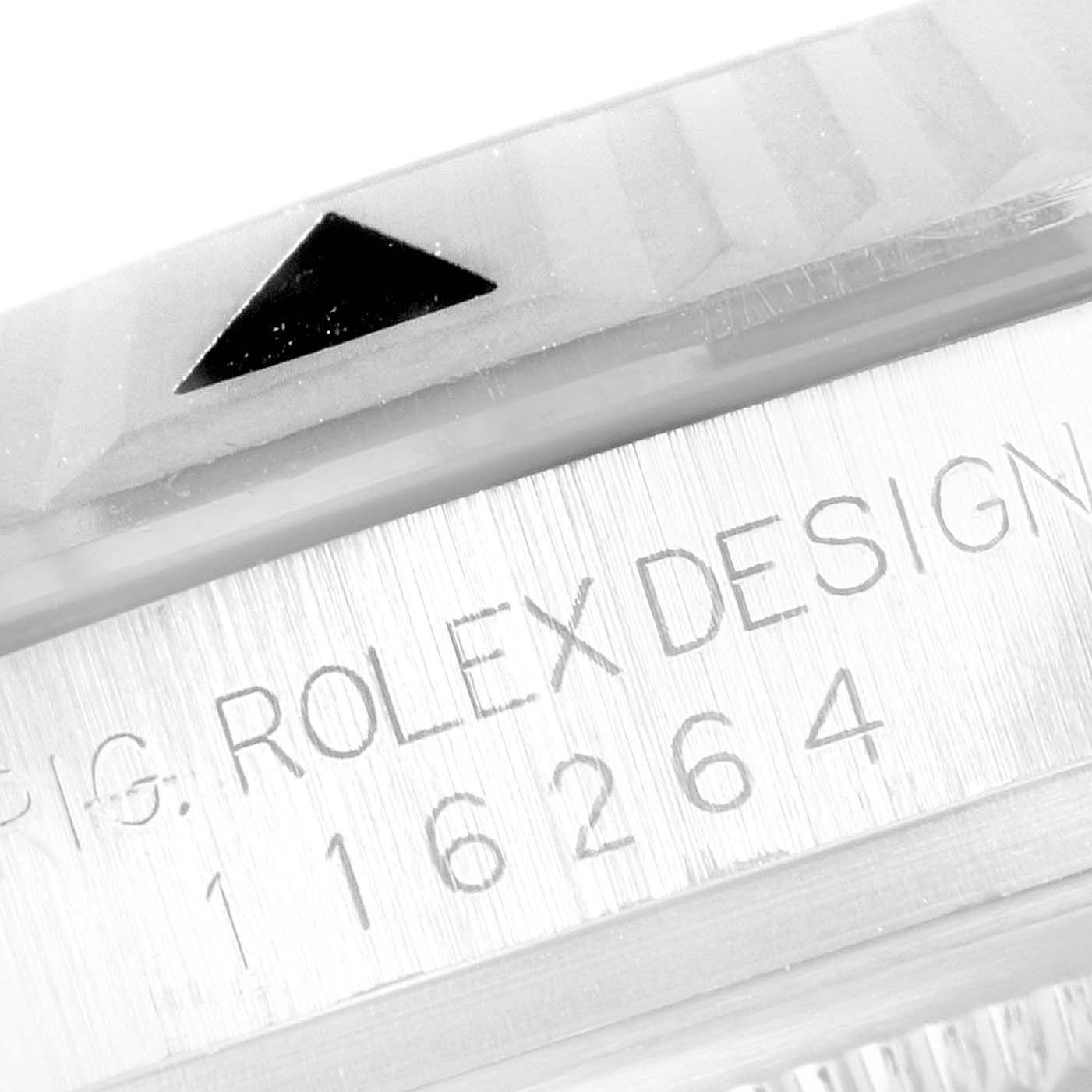 This image shows a close-up angle of the bezel and engraved model number on a Rolex Turn-o-Graph 116264 Men
s Stainless Steel White Dial 116264 Men
s Stainless Steel White Dial watch.