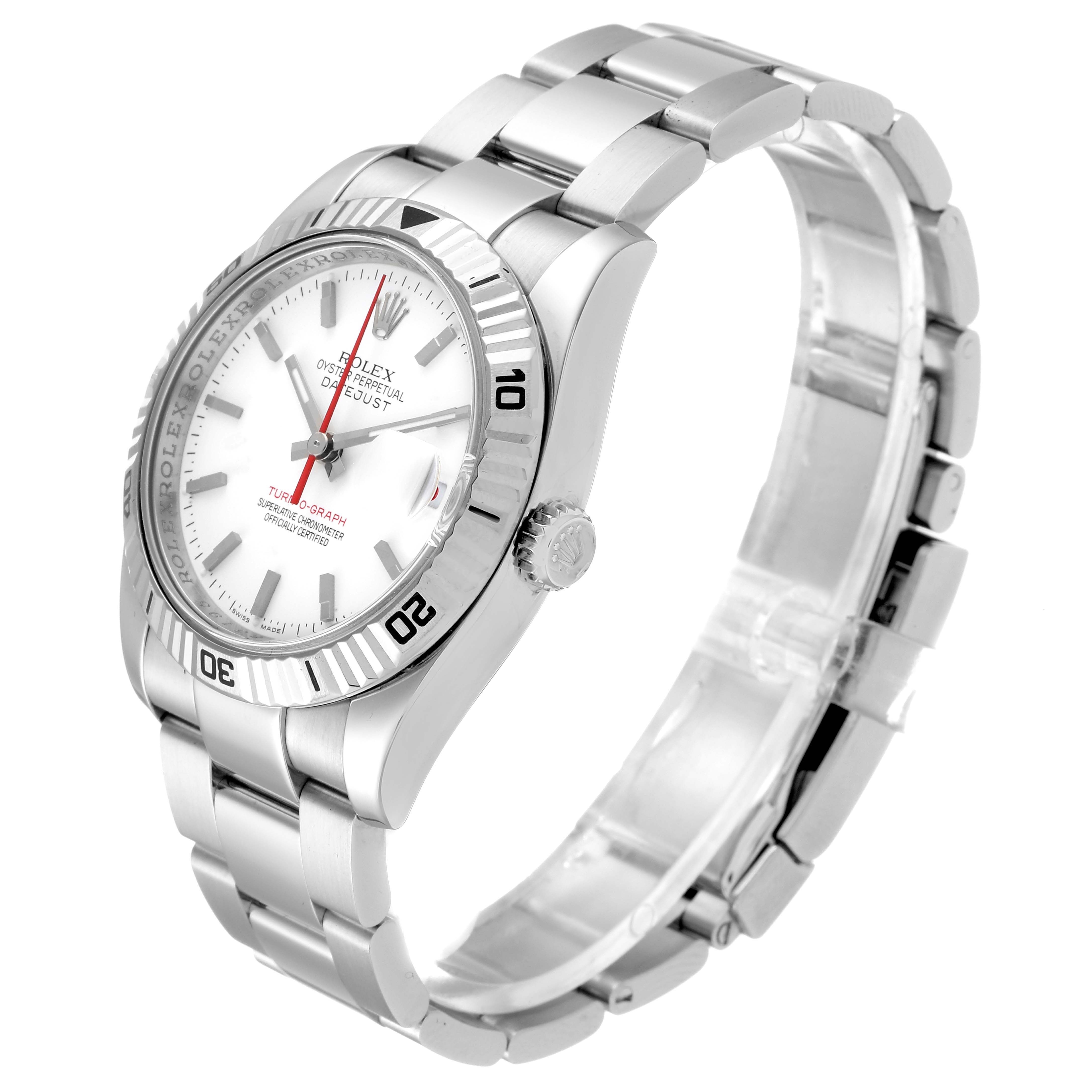 The Rolex Turn-o-Graph 116264 Men
s Stainless Steel White Dial 116264 Men
s Stainless Steel White Dial watch is shown at a three-quarter angle, highlighting the face, bezel, case, and bracelet.