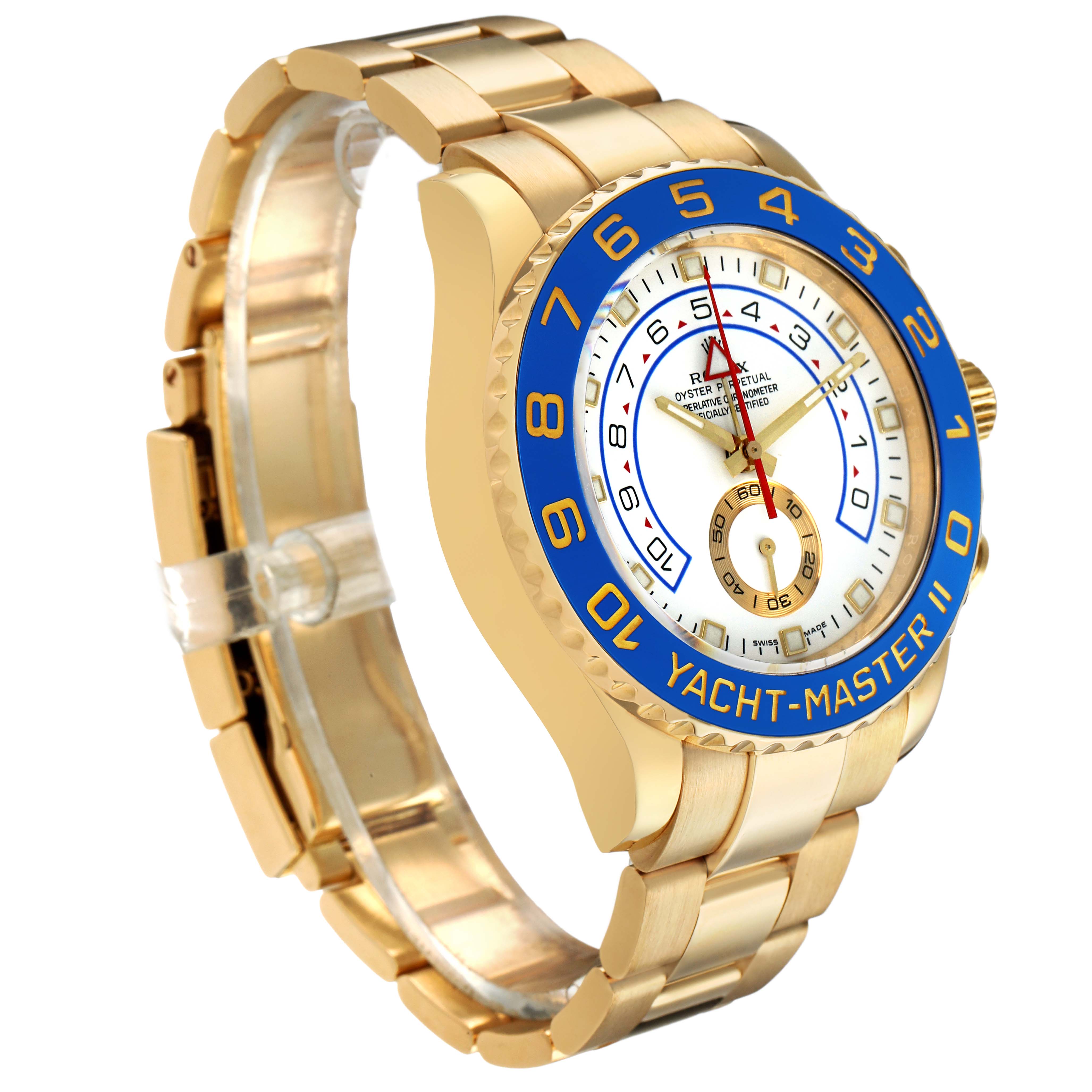The Rolex Yacht-Master 116688 Men's Yellow Gold White Dial watch is shown at a three-quarter angle, displaying the case, bezel, bracelet, and dial clearly.