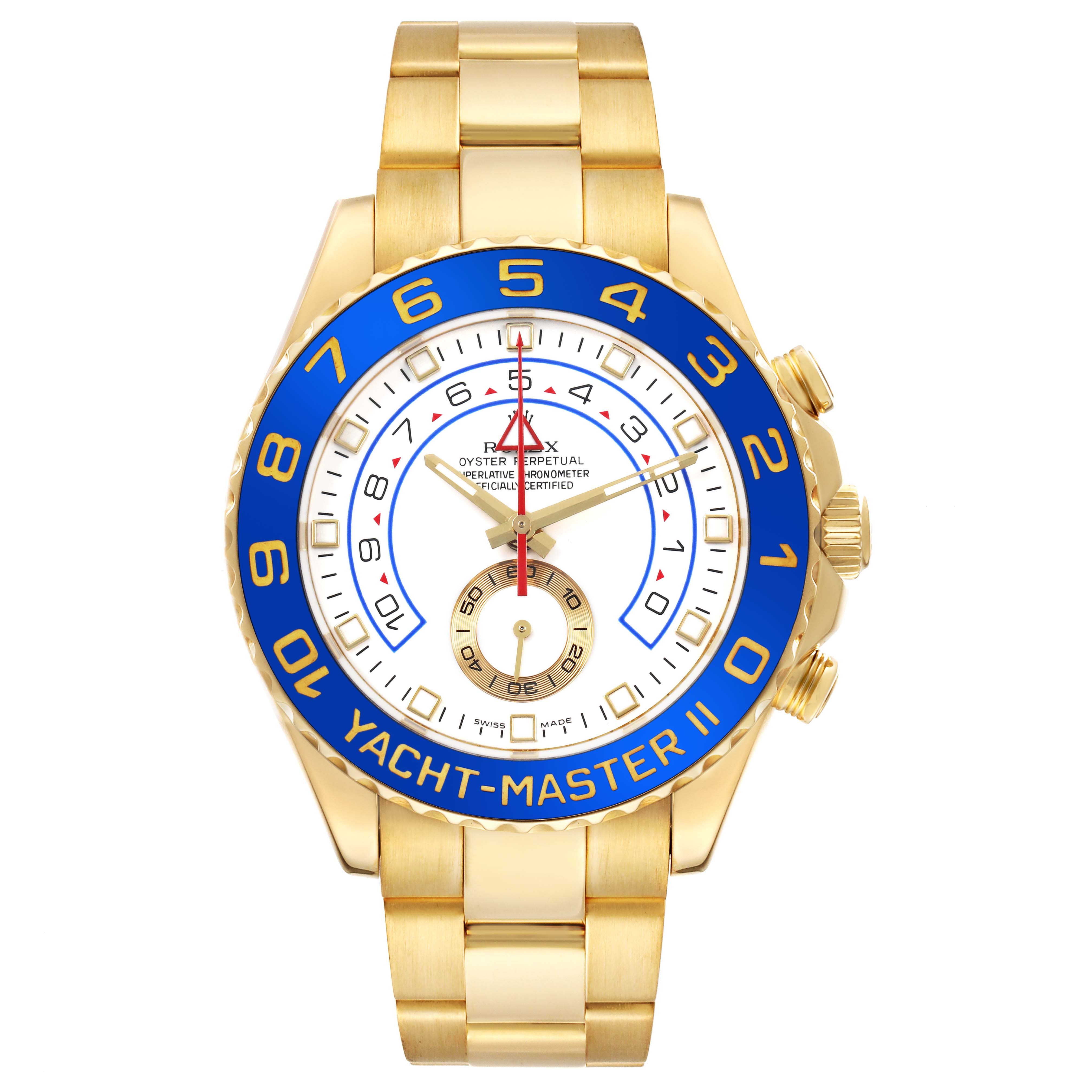 The image shows a front view of the Rolex Yacht-Master 116688 Men's Yellow Gold White Dial II watch, highlighting its blue bezel, gold case, and bracelet.