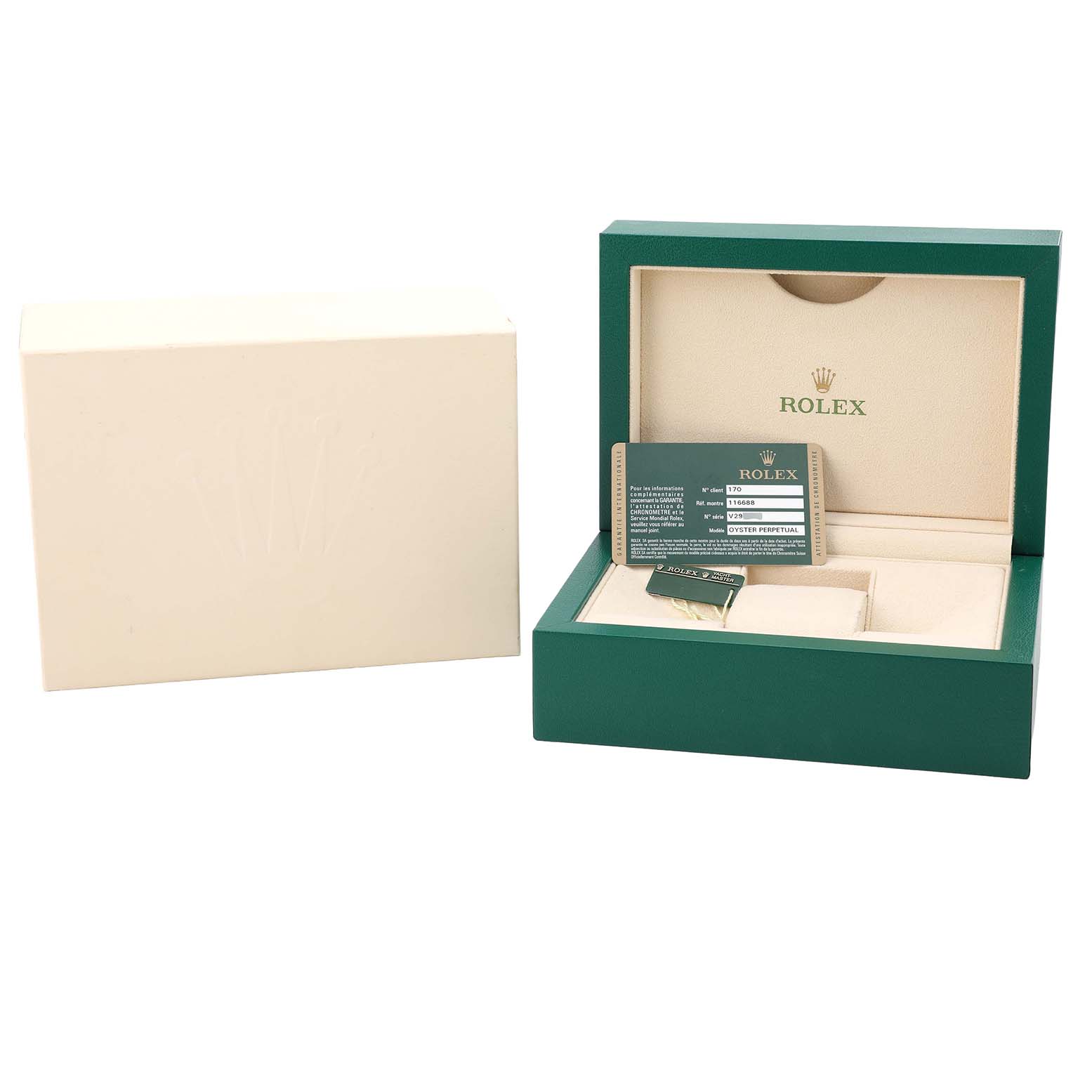 The image shows the Rolex Yacht-Master 116688 Men's Yellow Gold White Dial watch box and accessories, including a card and tags, viewed from a front angle.