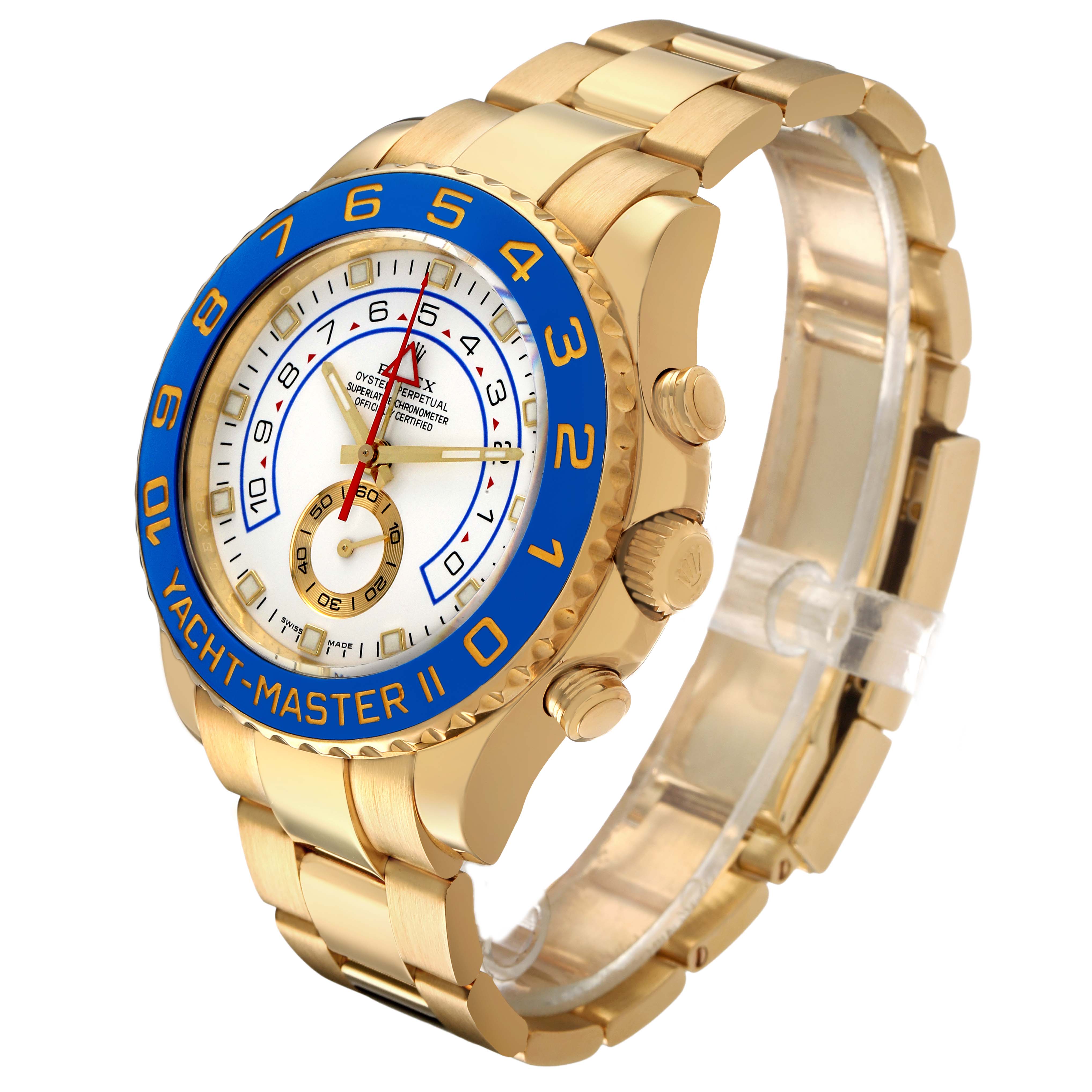 The Rolex Yacht-Master 116688 Men's Yellow Gold White Dial II is shown from a front right angle, displaying the blue bezel, gold case, dial, and bracelet.