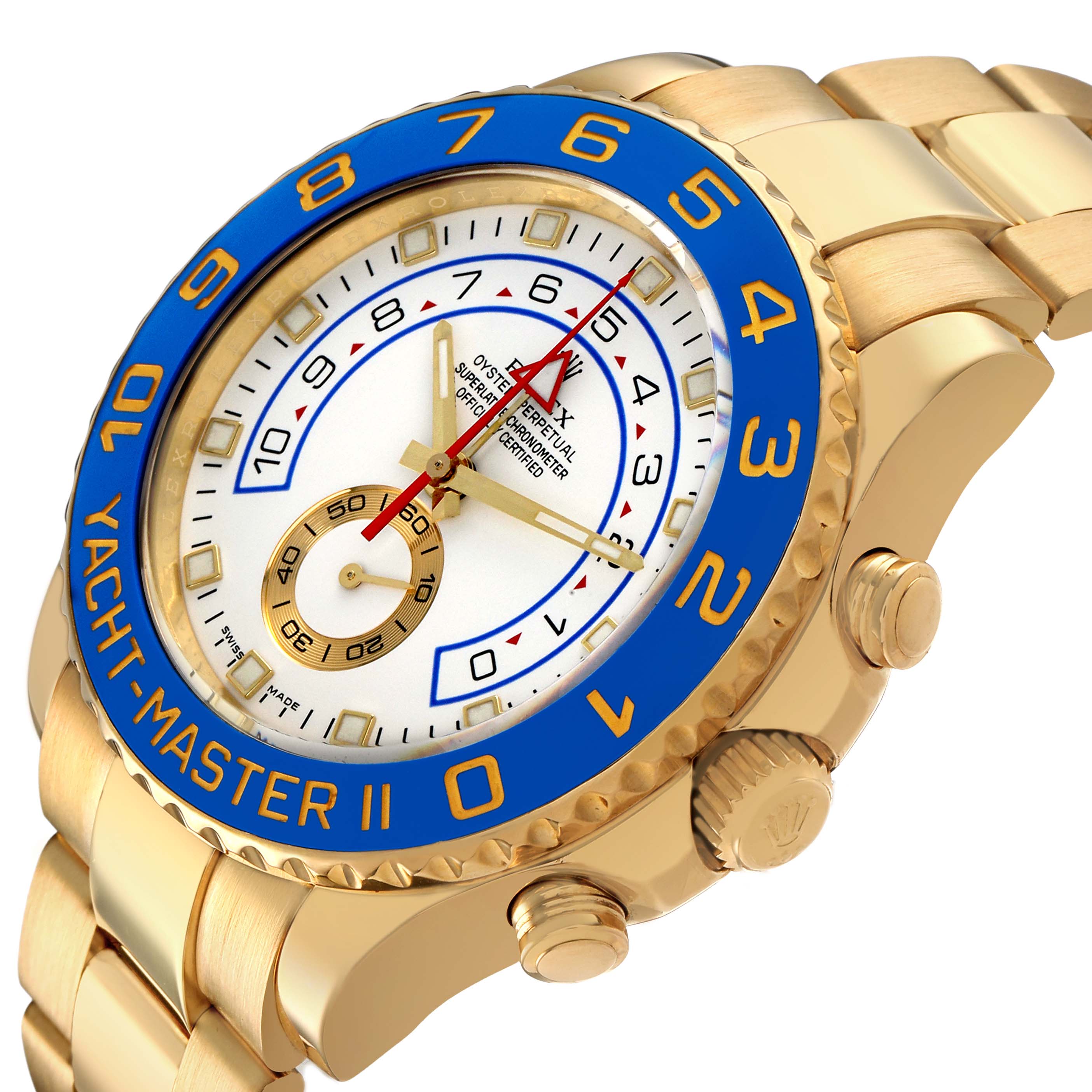 The Rolex Yacht-Master 116688 Men's Yellow Gold White Dial watch is shown at an angled side view, highlighting its blue bezel, gold case, and bracelet.