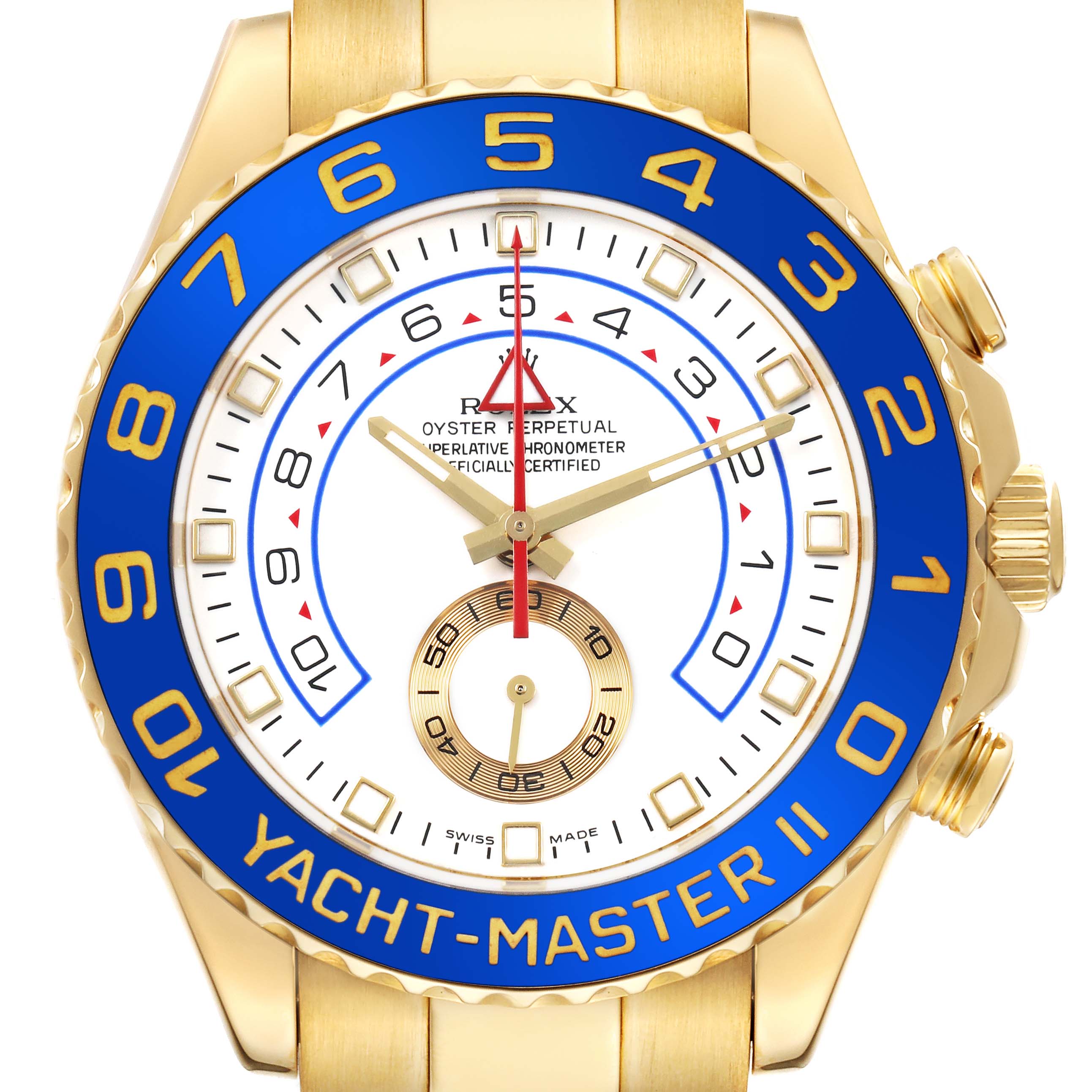 The Rolex Yacht-Master 116688 Men's Yellow Gold White Dial II is shown from the front, highlighting its blue bezel, gold accents, and detailed dial.