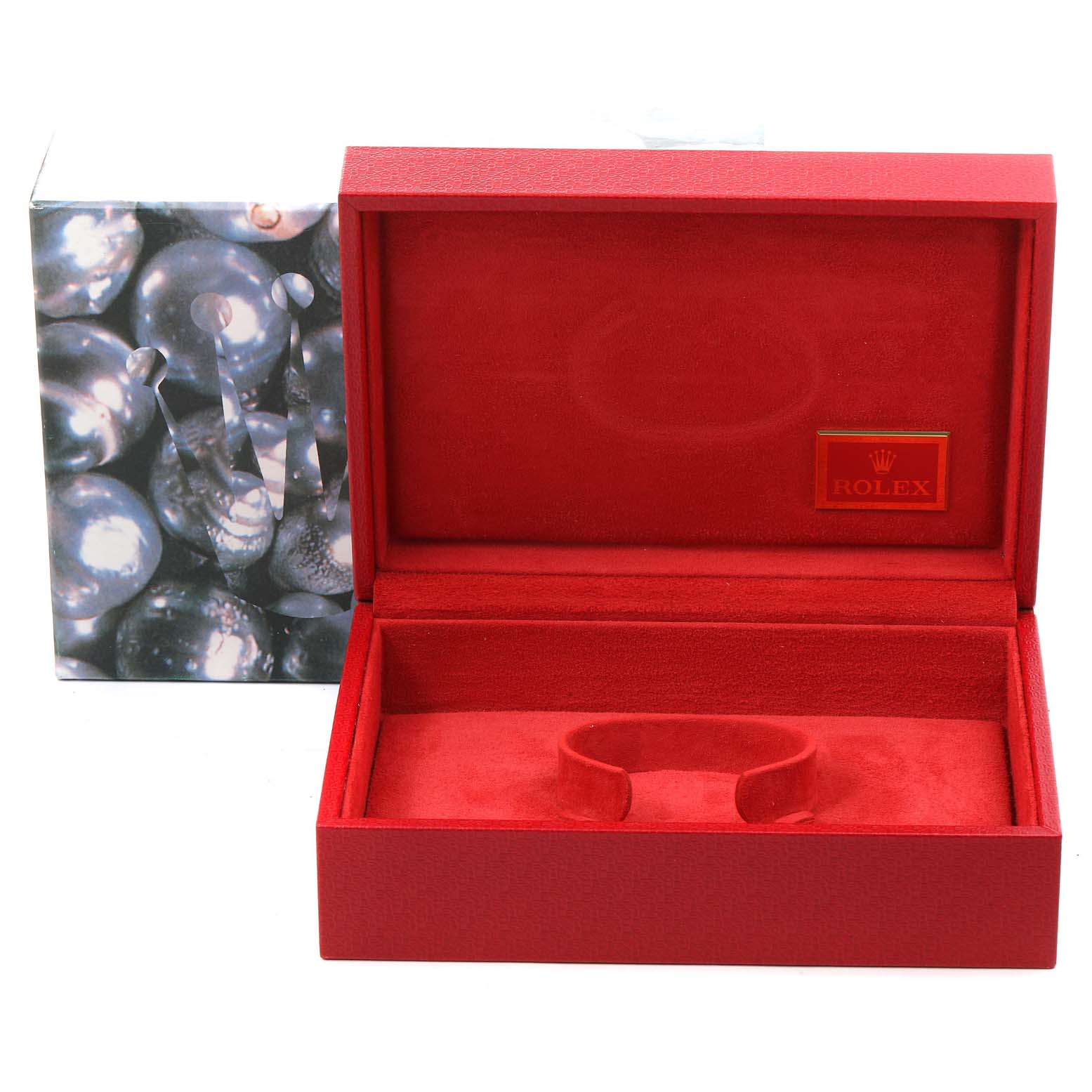 The image shows an open red Rolex watch box and outer box, designed for the Yacht-Master model.