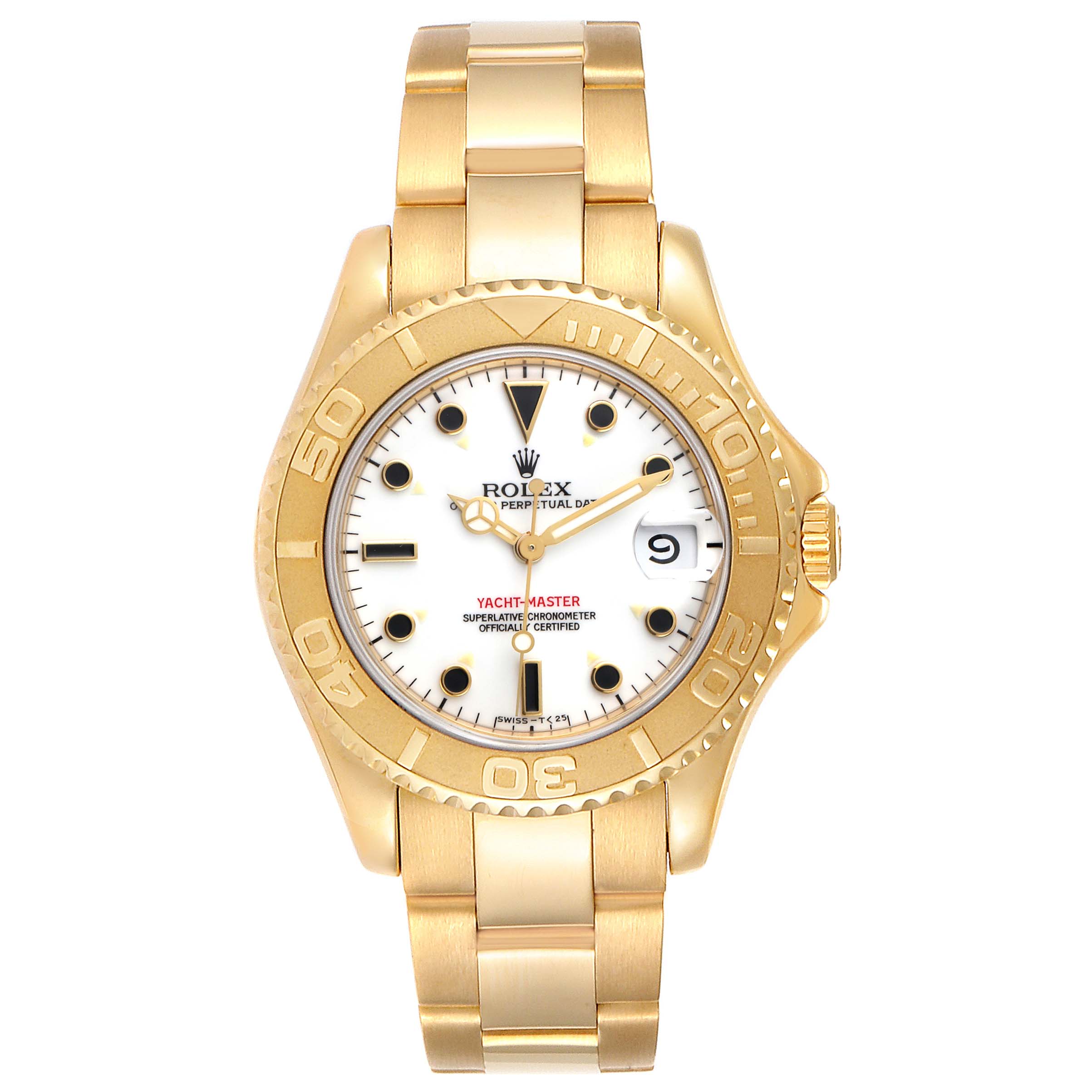 The image shows a Rolex Yacht-Master 68628 Men's Yellow Gold White Dial 68628 Men's Yellow Gold White Dial watch from a top-down angle, featuring its gold case, bracelet, and white dial with date display.