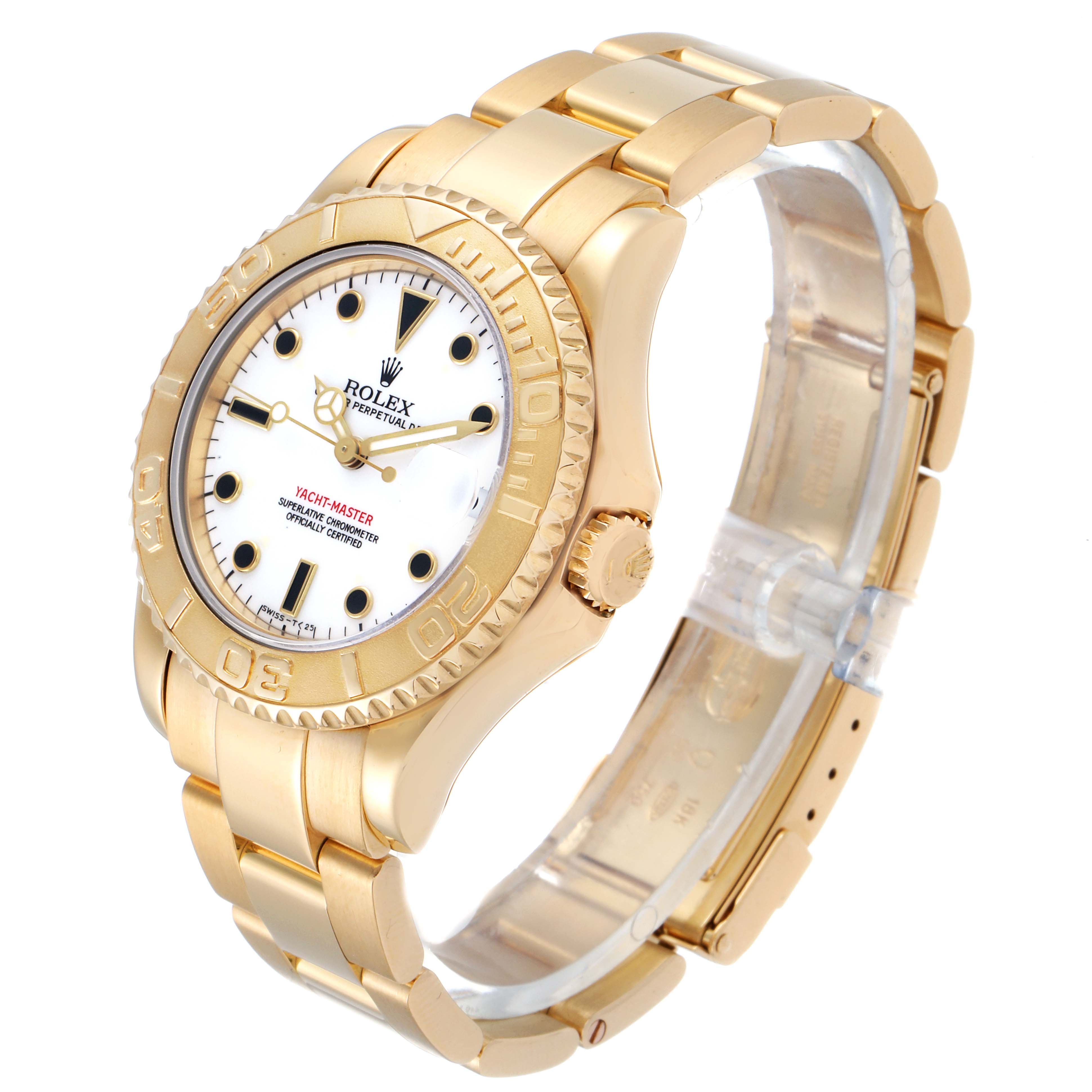The image shows a Rolex Yacht-Master 68628 Men's Yellow Gold White Dial 68628 Men's Yellow Gold White Dial watch angled to display its gold case, bracelet, bezel, and face.