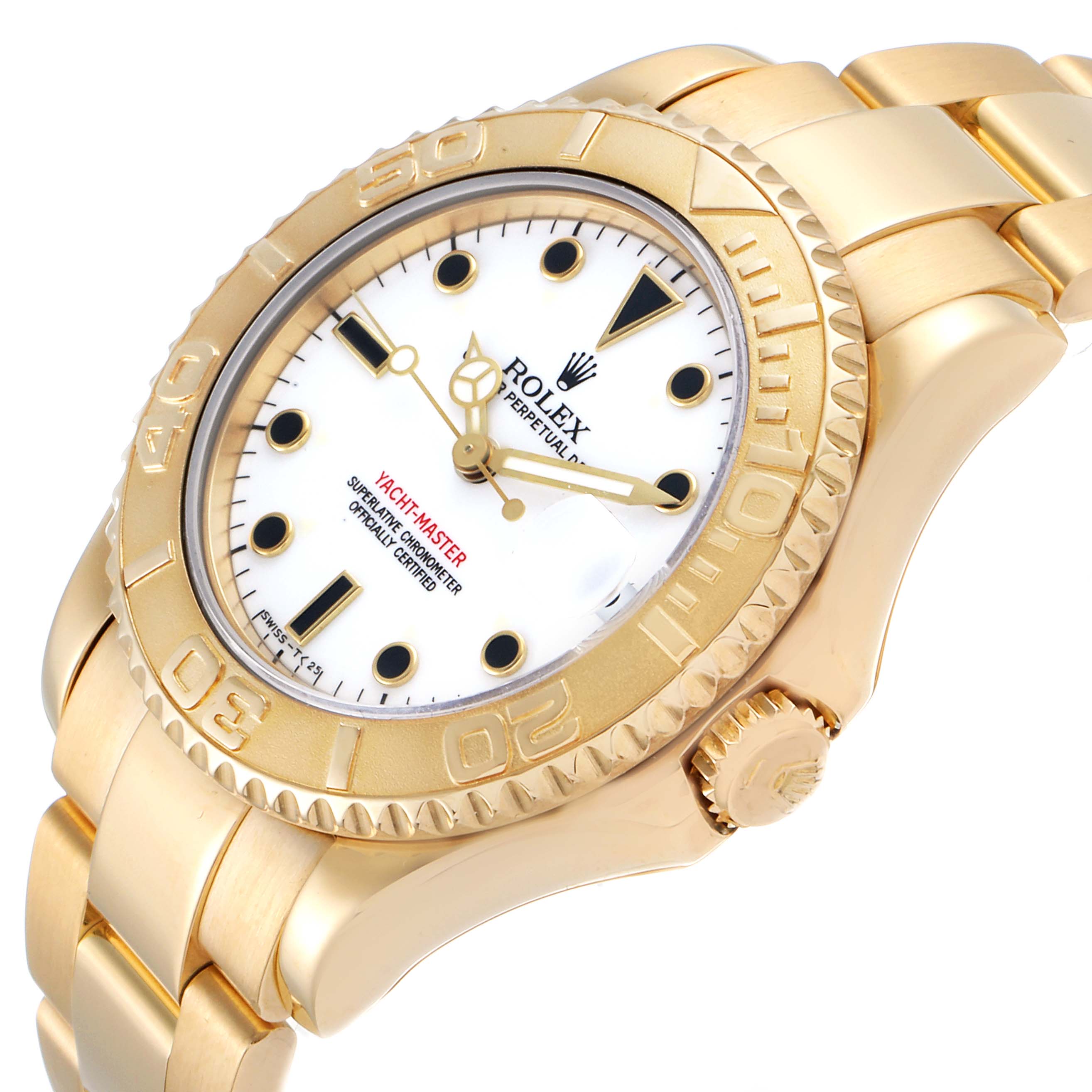 The Rolex Yacht-Master 68628 Men's Yellow Gold White Dial 68628 Men's Yellow Gold White Dial watch is shown from an angled side view, displaying the dial, bezel, bracelet, and crown.