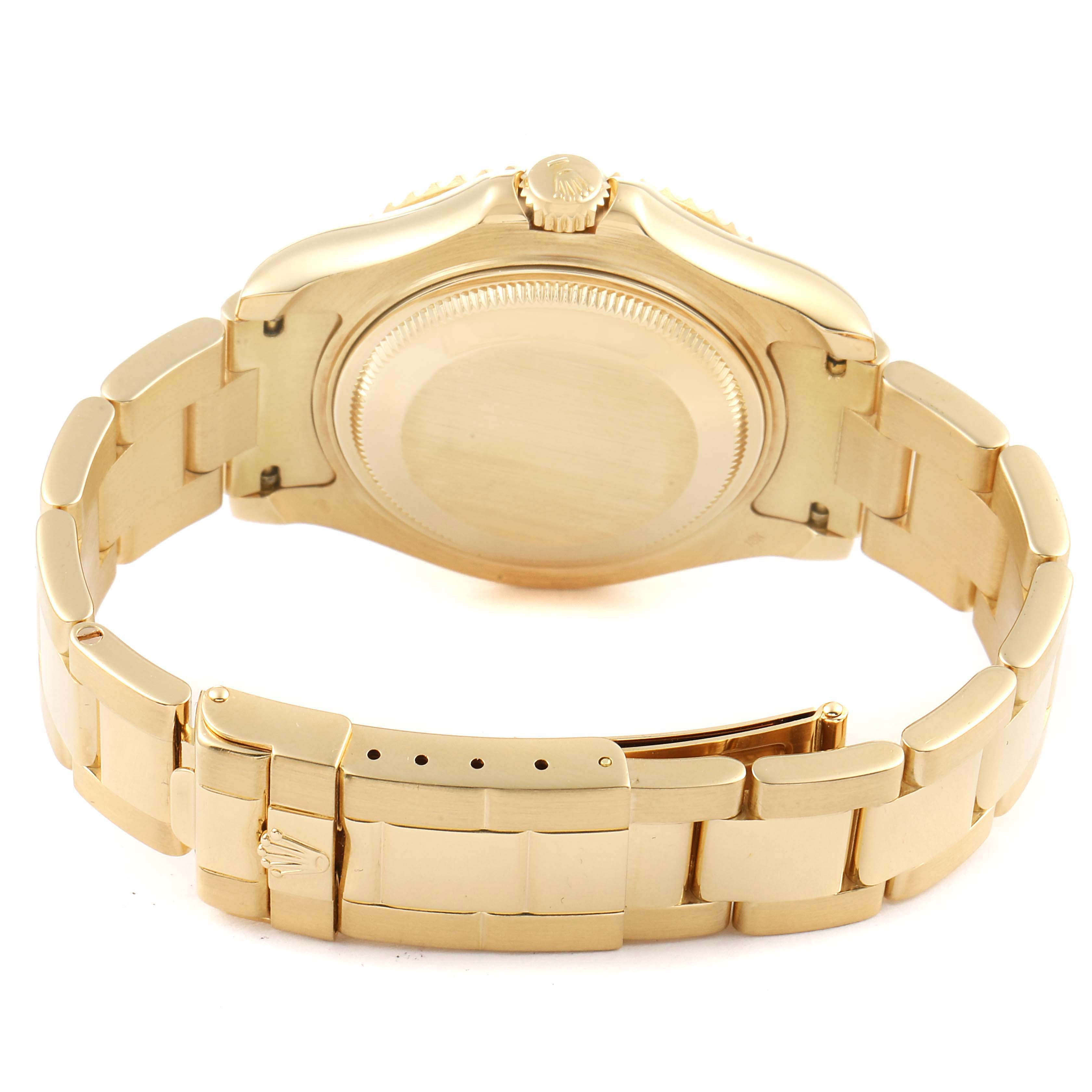 The image shows the back case, crown, and bracelet of a gold Rolex Yacht-Master 68628 Men's Yellow Gold White Dial 68628 Men's Yellow Gold White Dial watch from an angled rear view.