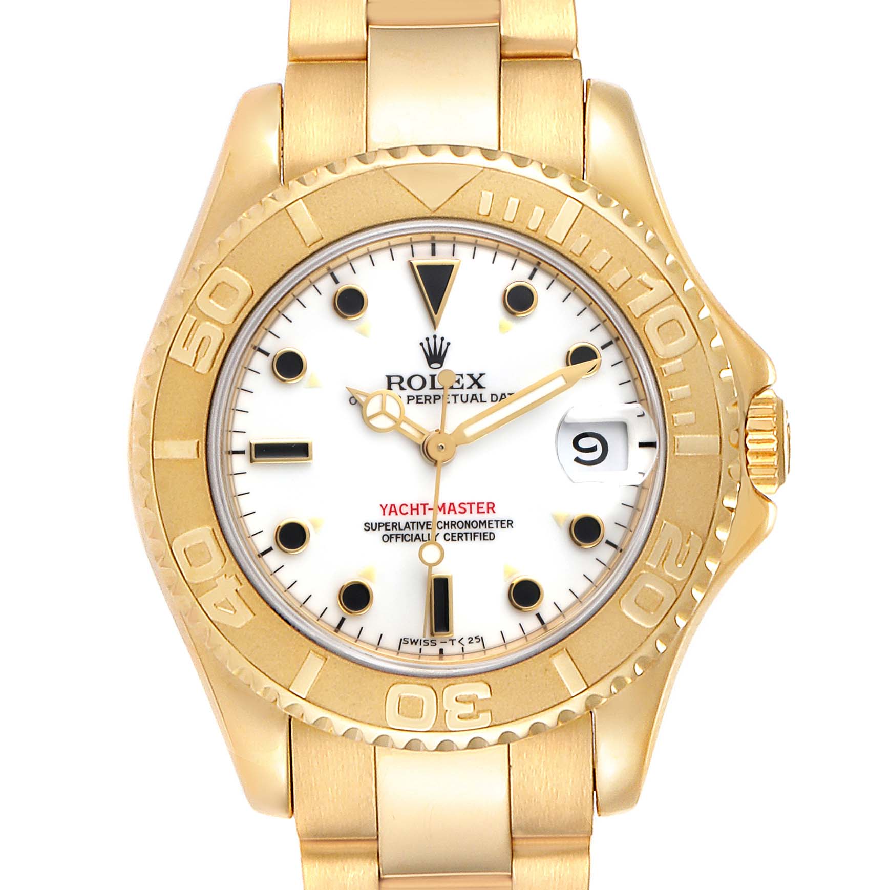 The image shows a front view of the Rolex Yacht-Master 68628 Men's Yellow Gold White Dial 68628 Men's Yellow Gold White Dial watch, highlighting the dial, bezel, and bracelet.