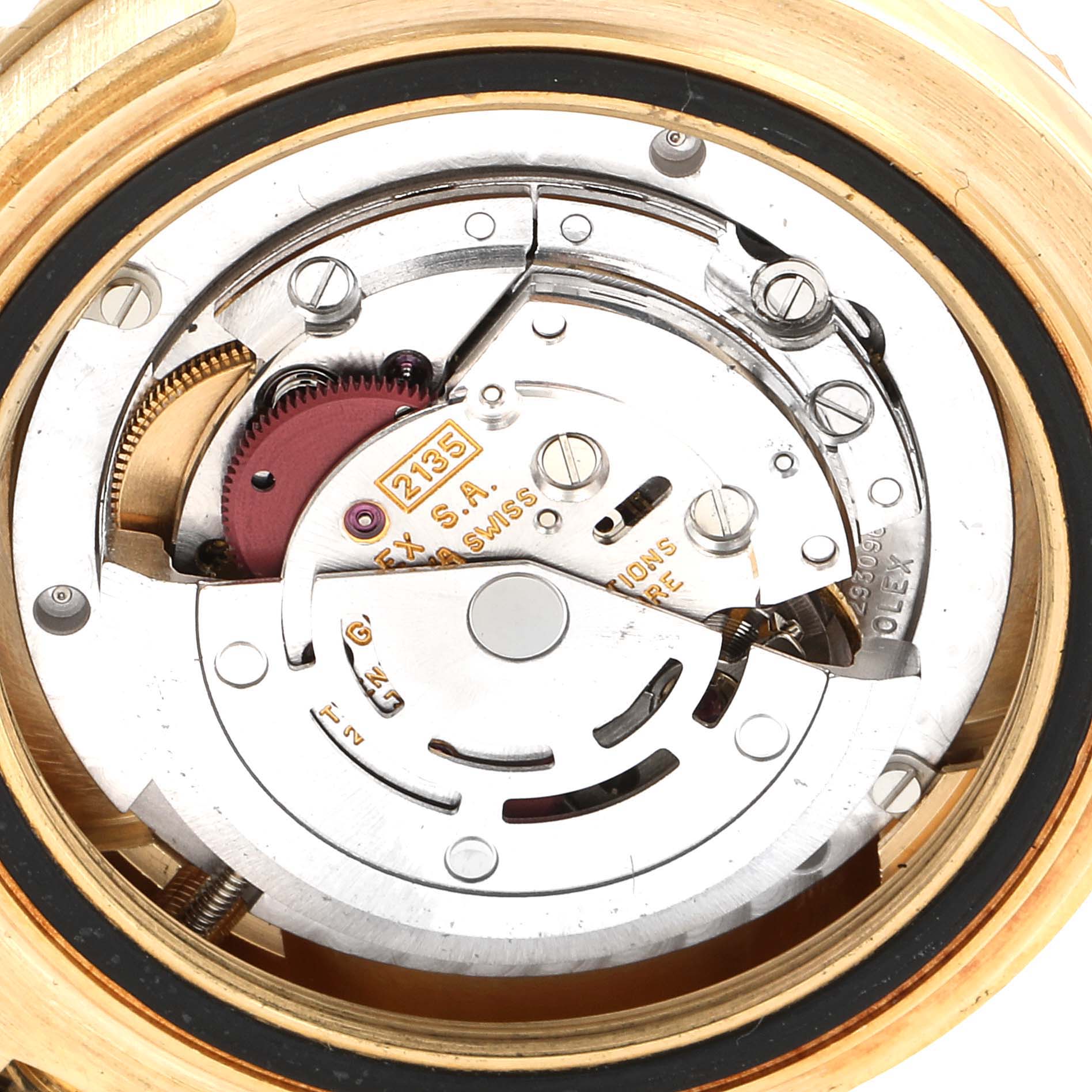 The image shows the internal mechanism of a Rolex Yacht-Master 68628 Men's Yellow Gold White Dial 68628 Men's Yellow Gold White Dial watch, viewed from the back with the case removed.