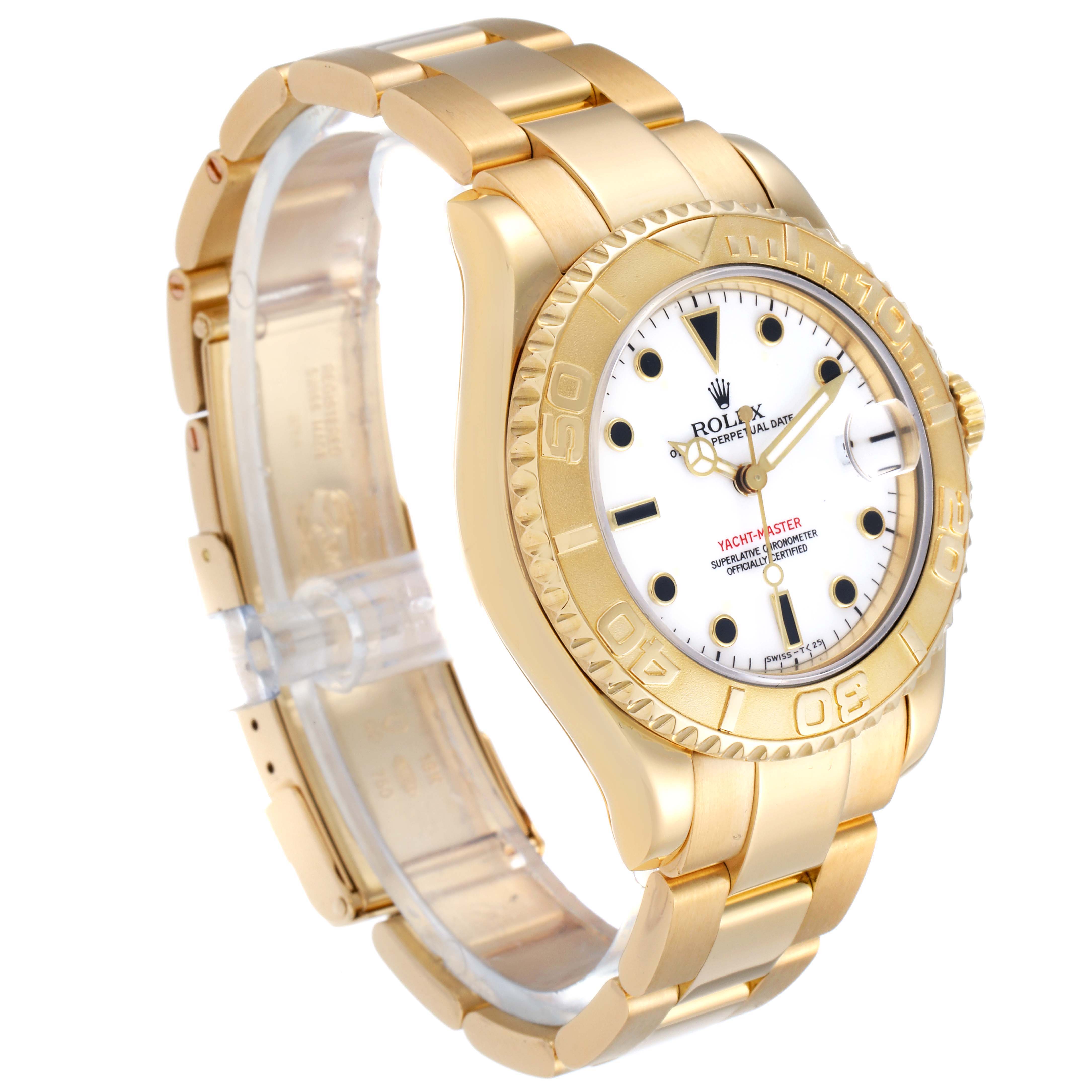 The image shows a side angle view of the Rolex Yacht-Master 68628 Men's Yellow Gold White Dial 68628 Men's Yellow Gold White Dial watch, focusing on its gold bracelet and white dial.