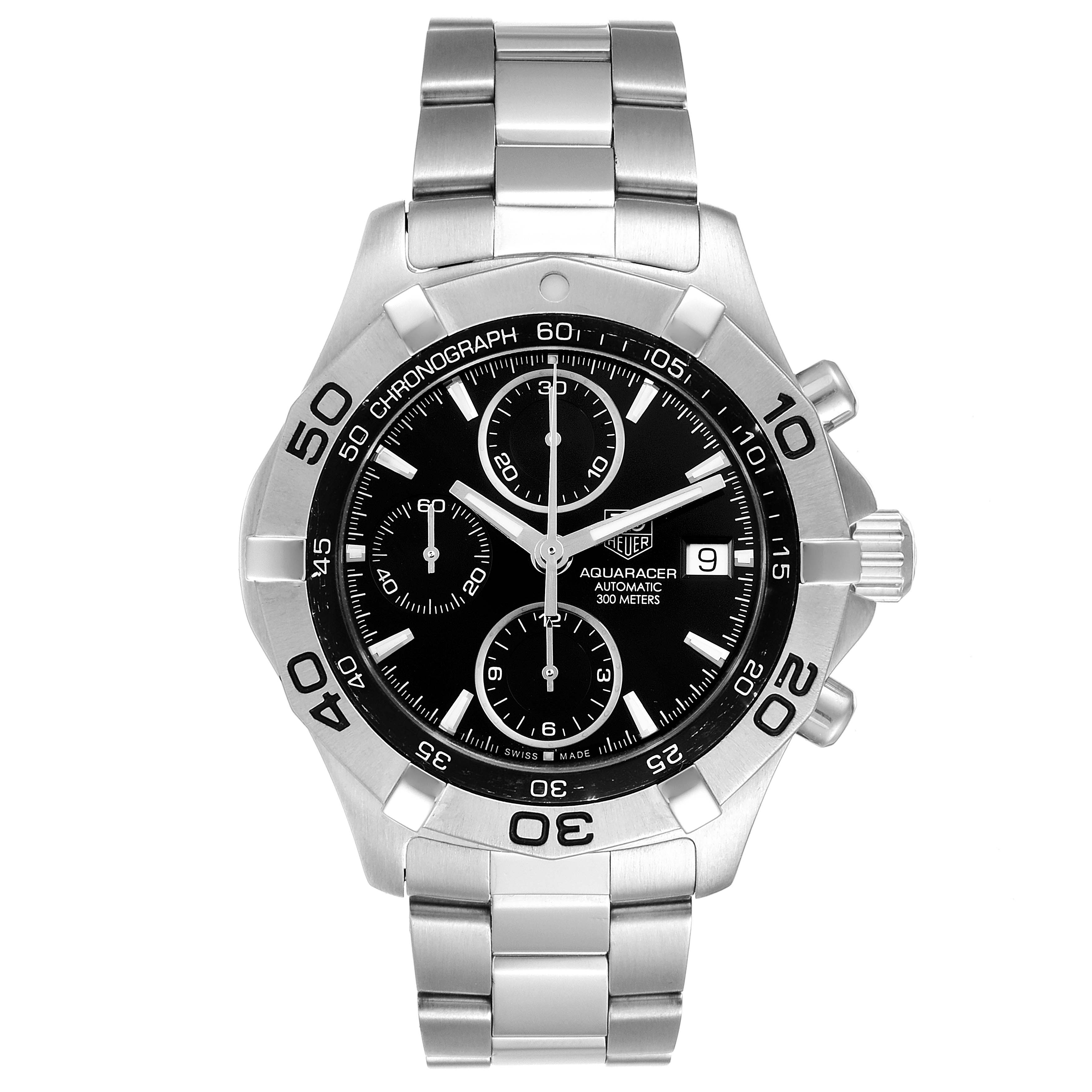 The image shows a front view of the Tag Heuer Aquaracer CAF2110.BA0809 Men's Stainless Steel Black Dial CAF2110.BA0809 Men's Stainless Steel Black Dial watch, highlighting its face, bezel, and metal bracelet.