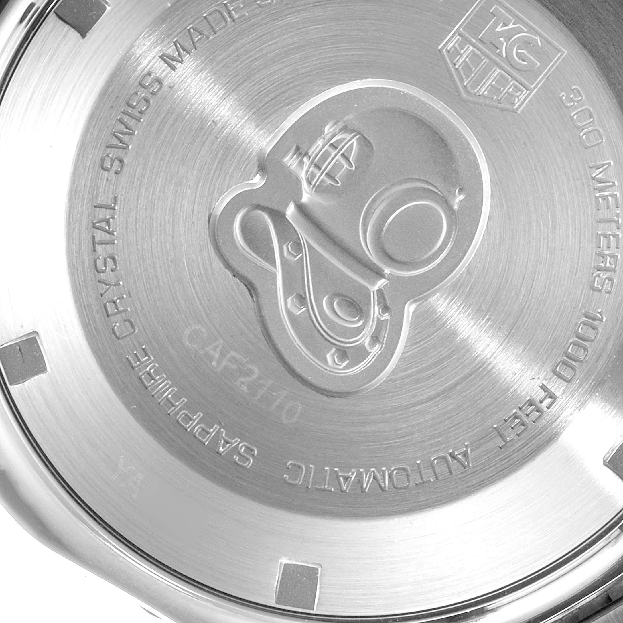 The image shows the engraved case back of a Tag Heuer Aquaracer CAF2110.BA0809 Men's Stainless Steel Black Dial CAF2110.BA0809 Men's Stainless Steel Black Dial watch viewed from the rear.