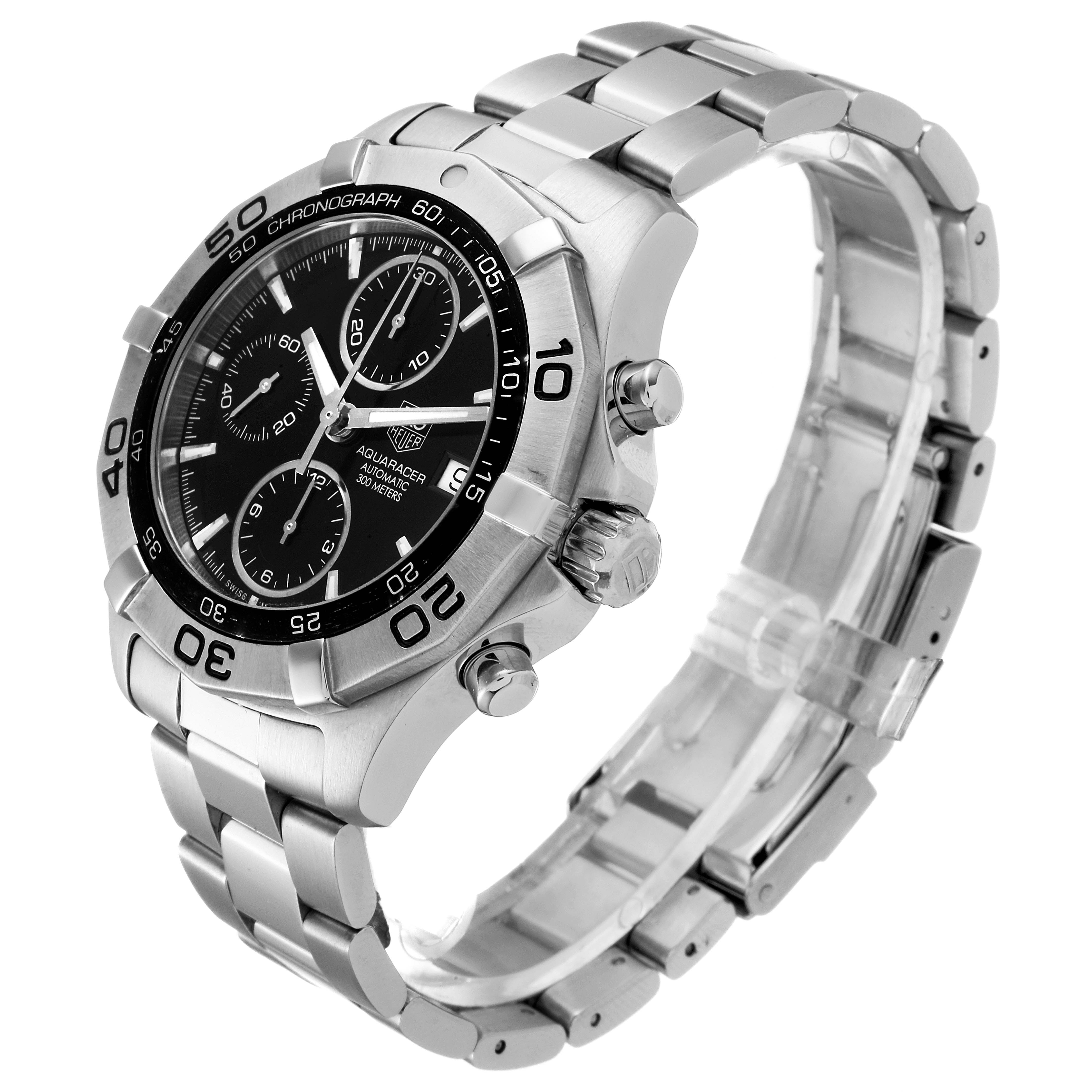 This image shows a Tag Heuer Aquaracer CAF2110.BA0809 Men's Stainless Steel Black Dial CAF2110.BA0809 Men's Stainless Steel Black Dial watch angled showcasing the face, bezel, crown, and stainless steel bracelet.