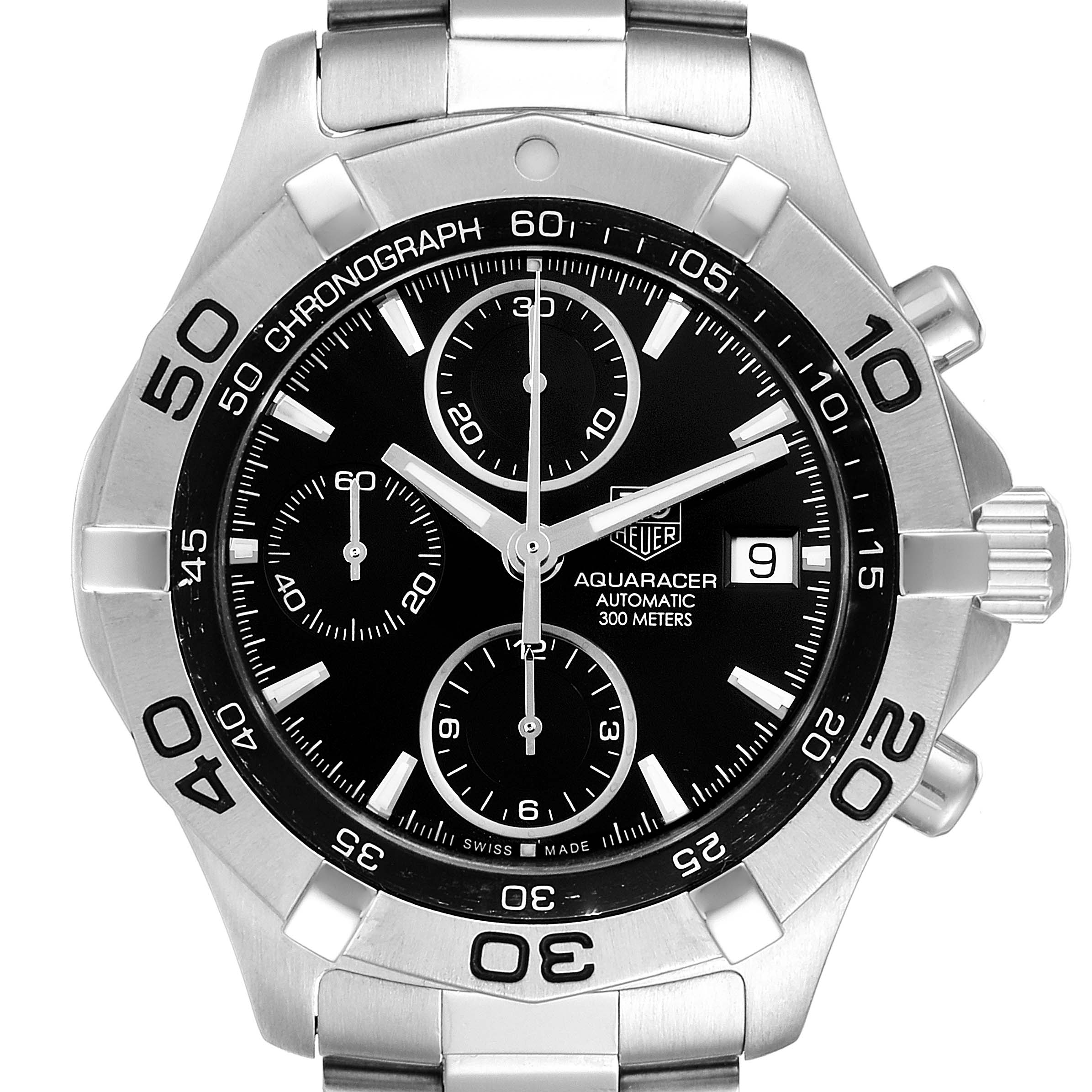 The image shows a front view of the Tag Heuer Aquaracer CAF2110.BA0809 Men's Stainless Steel Black Dial CAF2110.BA0809 Men's Stainless Steel Black Dial watch, highlighting its dial, bezel, and bracelet.