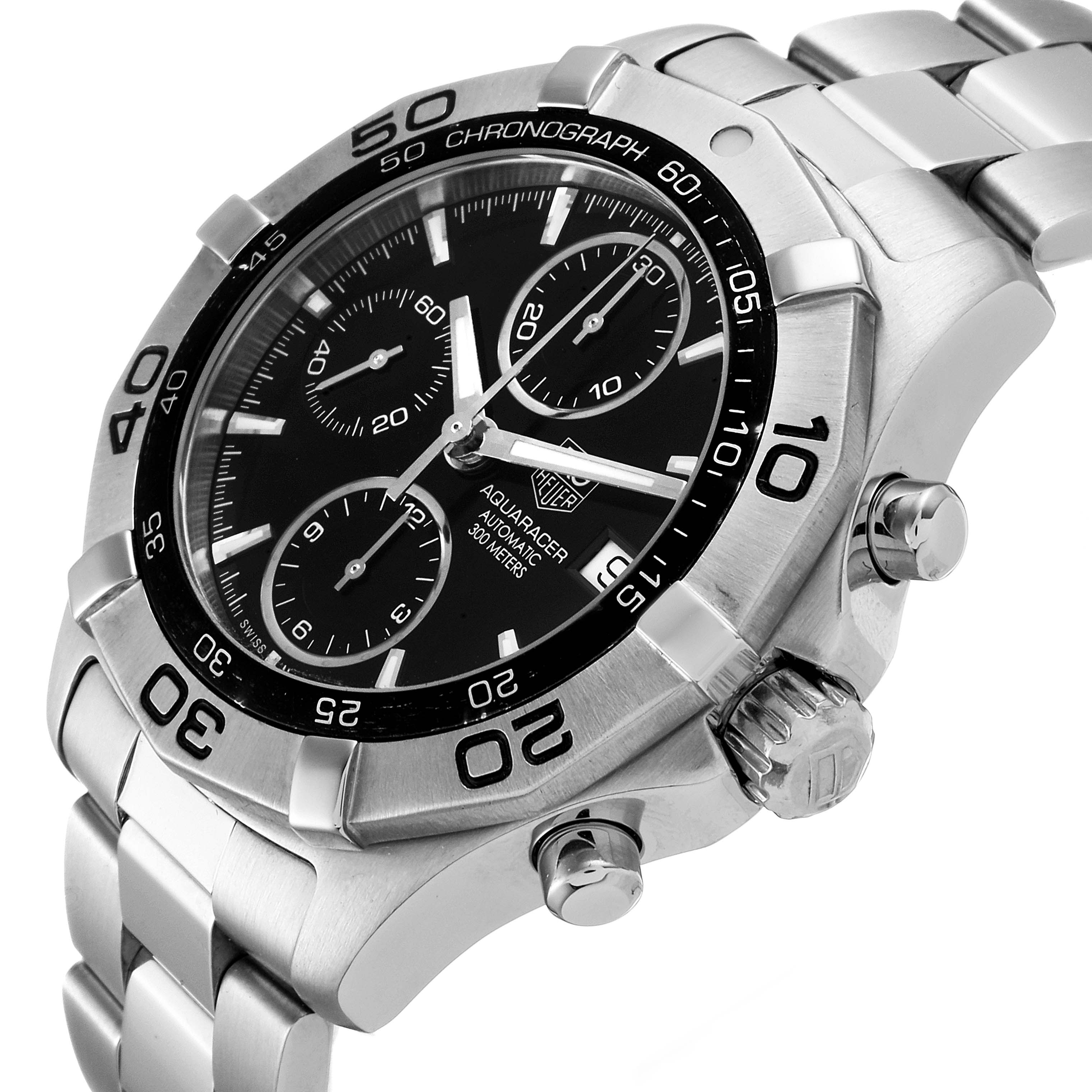 This Tag Heuer Aquaracer CAF2110.BA0809 Men's Stainless Steel Black Dial CAF2110.BA0809 Men's Stainless Steel Black Dial watch is shown at an angle highlighting the bezel, dial, crown, and chronograph buttons.